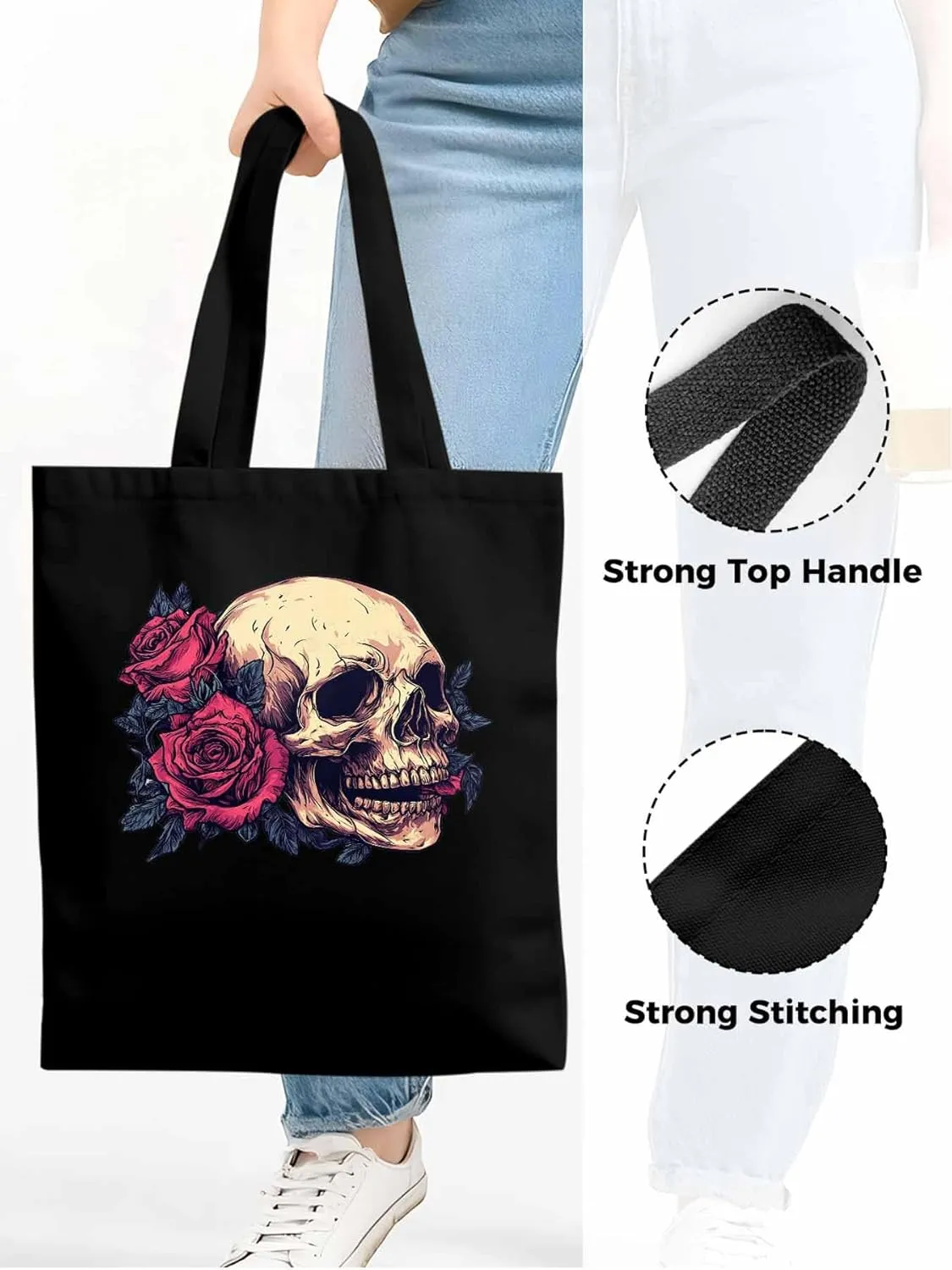 Canvas Tote Bag, Valentine's Love Skeleton Rose Flower Aesthetic Canvas Tote Handbags for Women Shoulder Bag