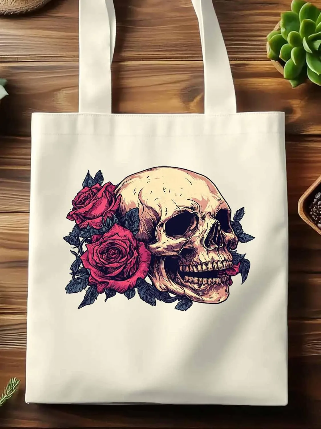 Canvas Tote Bag, Valentine's Love Skeleton Rose Flower Aesthetic Canvas Tote Handbags for Women Shoulder Bag