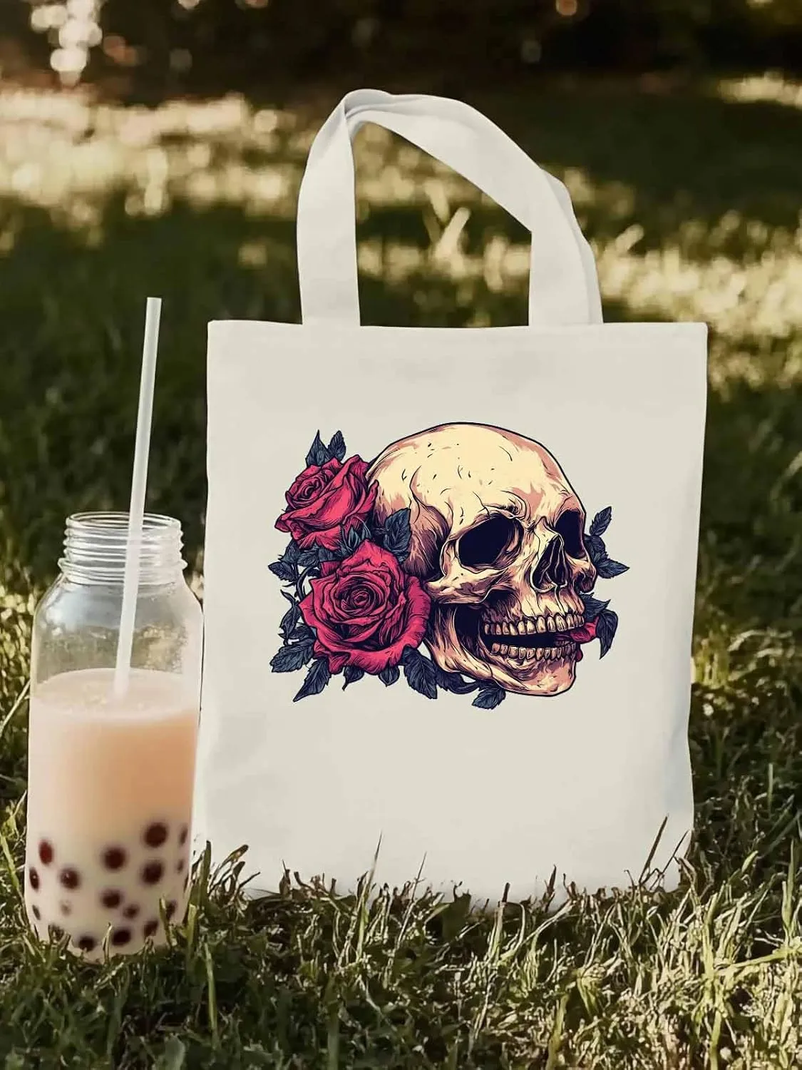Canvas Tote Bag, Valentine's Love Skeleton Rose Flower Aesthetic Canvas Tote Handbags for Women Shoulder Bag