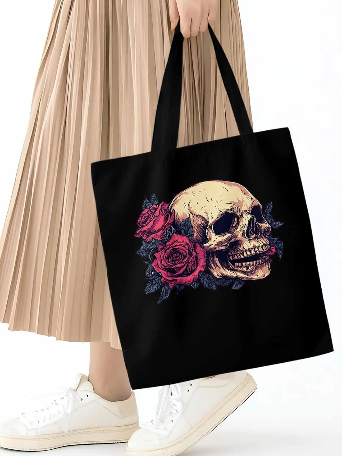 Canvas Tote Bag, Valentine's Love Skeleton Rose Flower Aesthetic Canvas Tote Handbags for Women Shoulder Bag