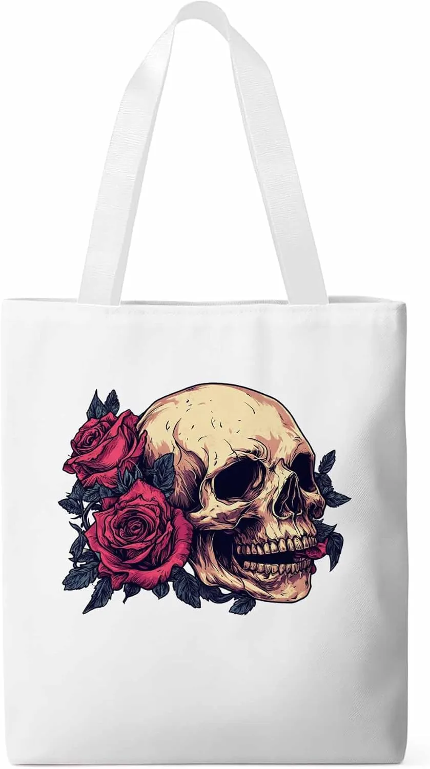 Canvas Tote Bag, Valentine's Love Skeleton Rose Flower Aesthetic Canvas Tote Handbags for Women Shoulder Bag