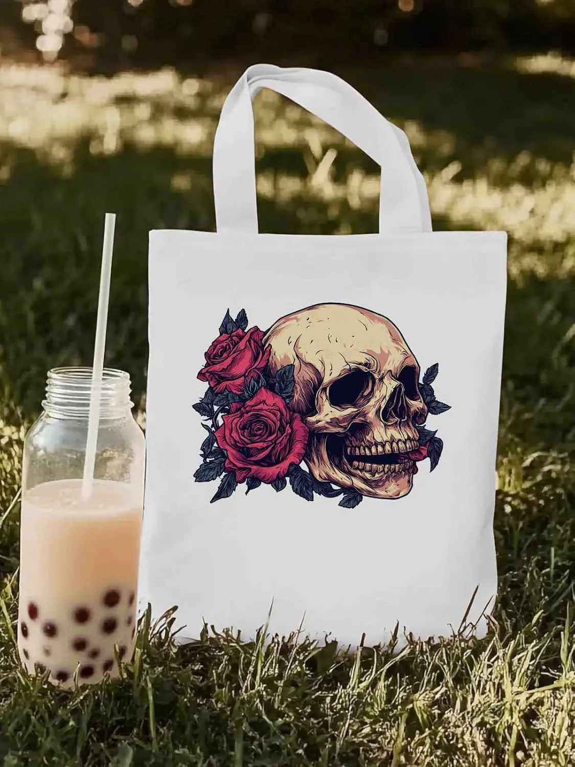 Canvas Tote Bag, Valentine's Love Skeleton Rose Flower Aesthetic Canvas Tote Handbags for Women Shoulder Bag