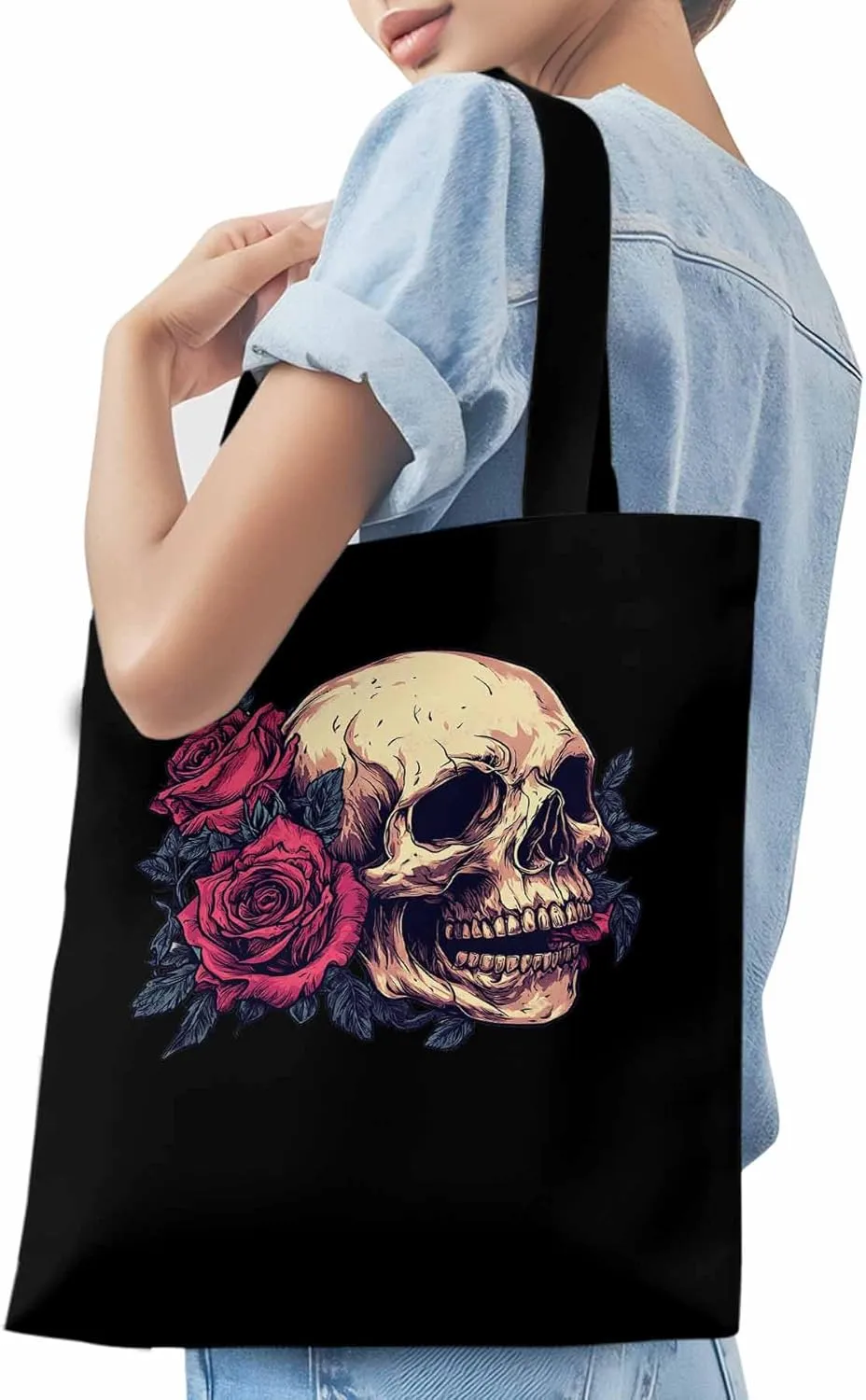 Canvas Tote Bag, Valentine's Love Skeleton Rose Flower Aesthetic Canvas Tote Handbags for Women Shoulder Bag