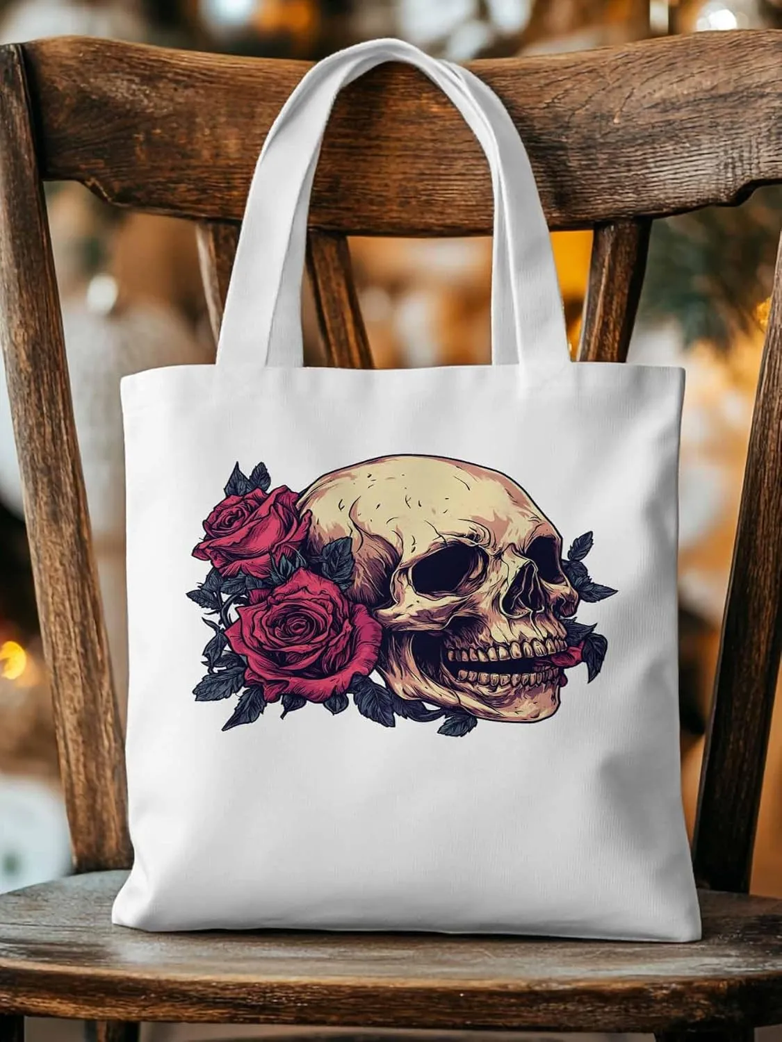 Canvas Tote Bag, Valentine's Love Skeleton Rose Flower Aesthetic Canvas Tote Handbags for Women Shoulder Bag