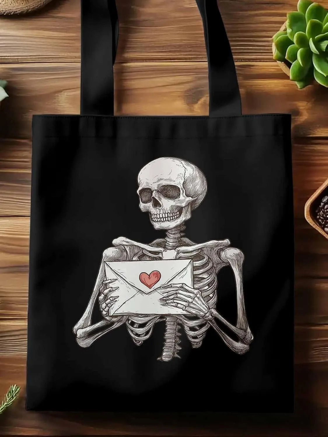 Canvas Tote Bag, Valentine's Skeleton Romantic Love Heart Aesthetic Canvas Tote Handbags for Women Shoulder Bag