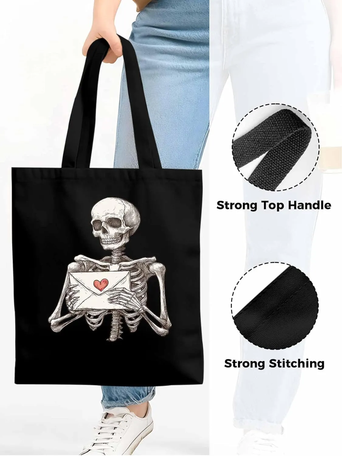 Canvas Tote Bag, Valentine's Skeleton Romantic Love Heart Aesthetic Canvas Tote Handbags for Women Shoulder Bag