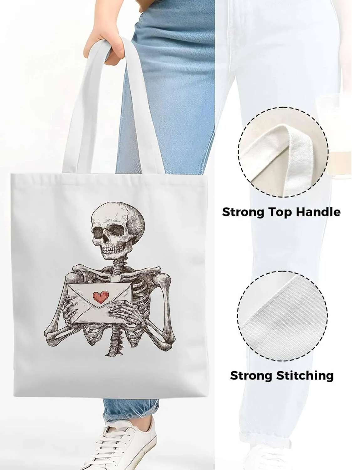 Canvas Tote Bag, Valentine's Skeleton Romantic Love Heart Aesthetic Canvas Tote Handbags for Women Shoulder Bag