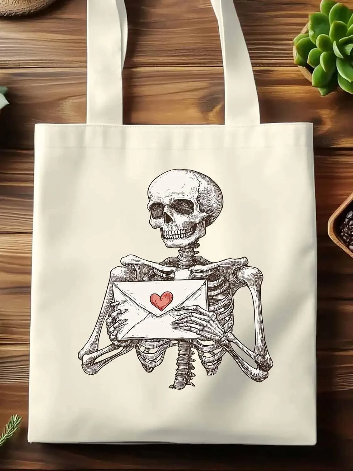Canvas Tote Bag, Valentine's Skeleton Romantic Love Heart Aesthetic Canvas Tote Handbags for Women Shoulder Bag