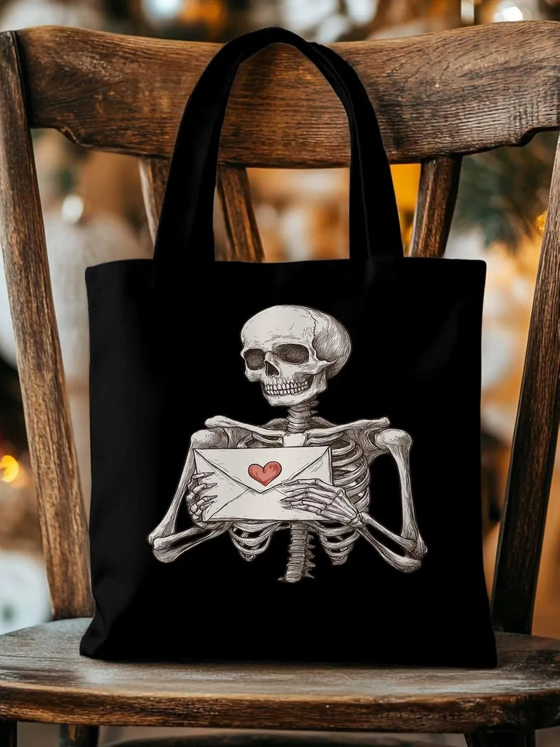 Canvas Tote Bag, Valentine's Skeleton Romantic Love Heart Aesthetic Canvas Tote Handbags for Women Shoulder Bag