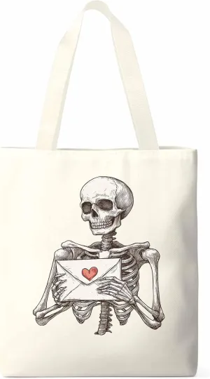 Canvas Tote Bag, Valentine's Skeleton Romantic Love Heart Aesthetic Canvas Tote Handbags for Women Shoulder Bag