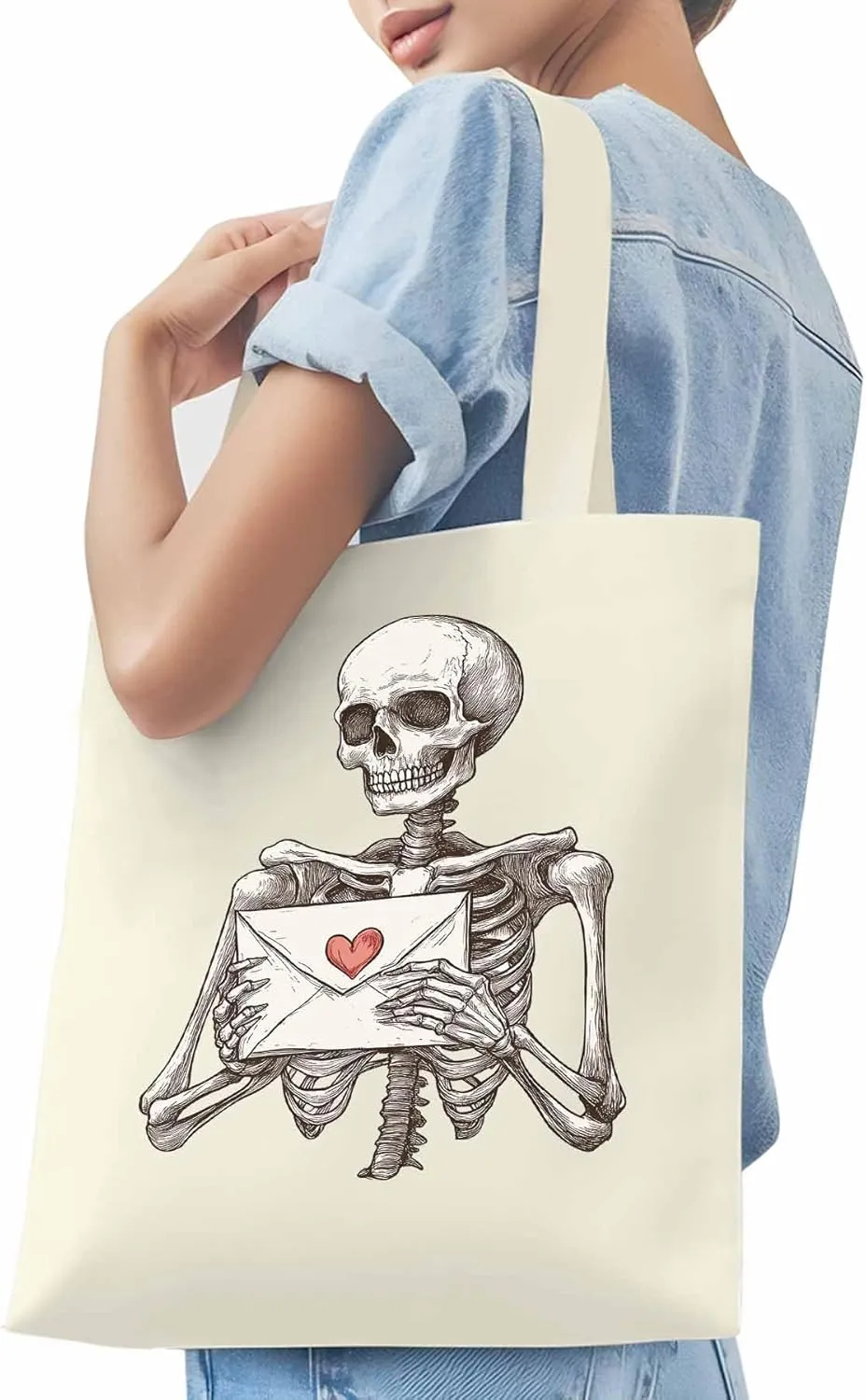 Canvas Tote Bag, Valentine's Skeleton Romantic Love Heart Aesthetic Canvas Tote Handbags for Women Shoulder Bag