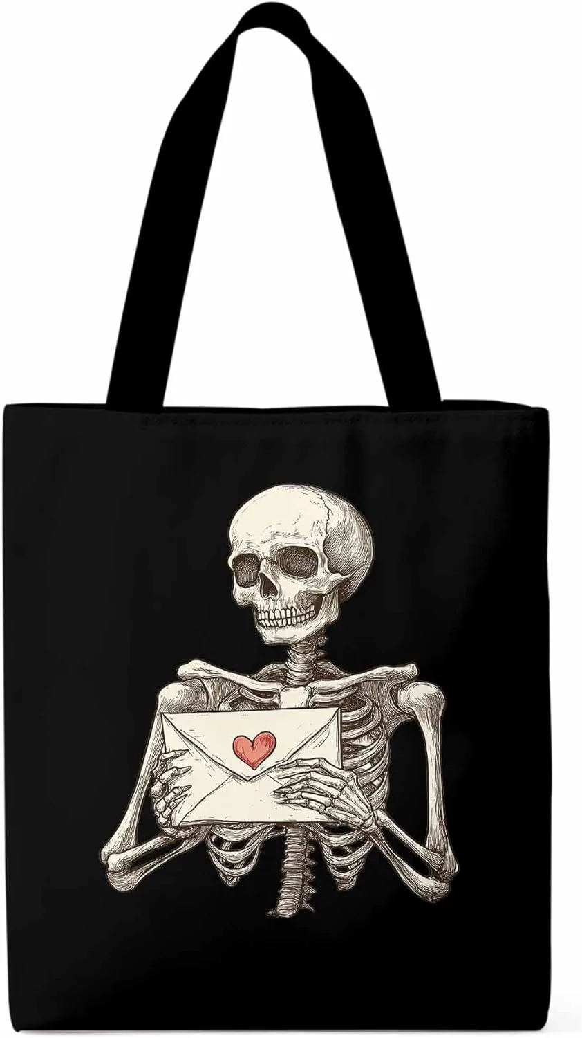 Canvas Tote Bag, Valentine's Skeleton Romantic Love Heart Aesthetic Canvas Tote Handbags for Women Shoulder Bag