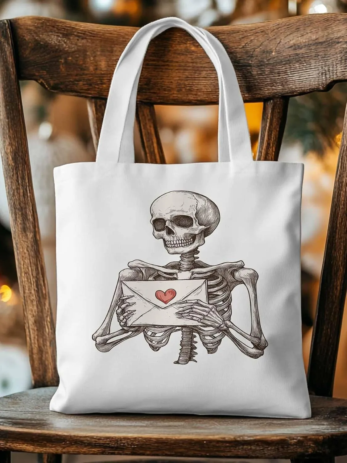 Canvas Tote Bag, Valentine's Skeleton Romantic Love Heart Aesthetic Canvas Tote Handbags for Women Shoulder Bag