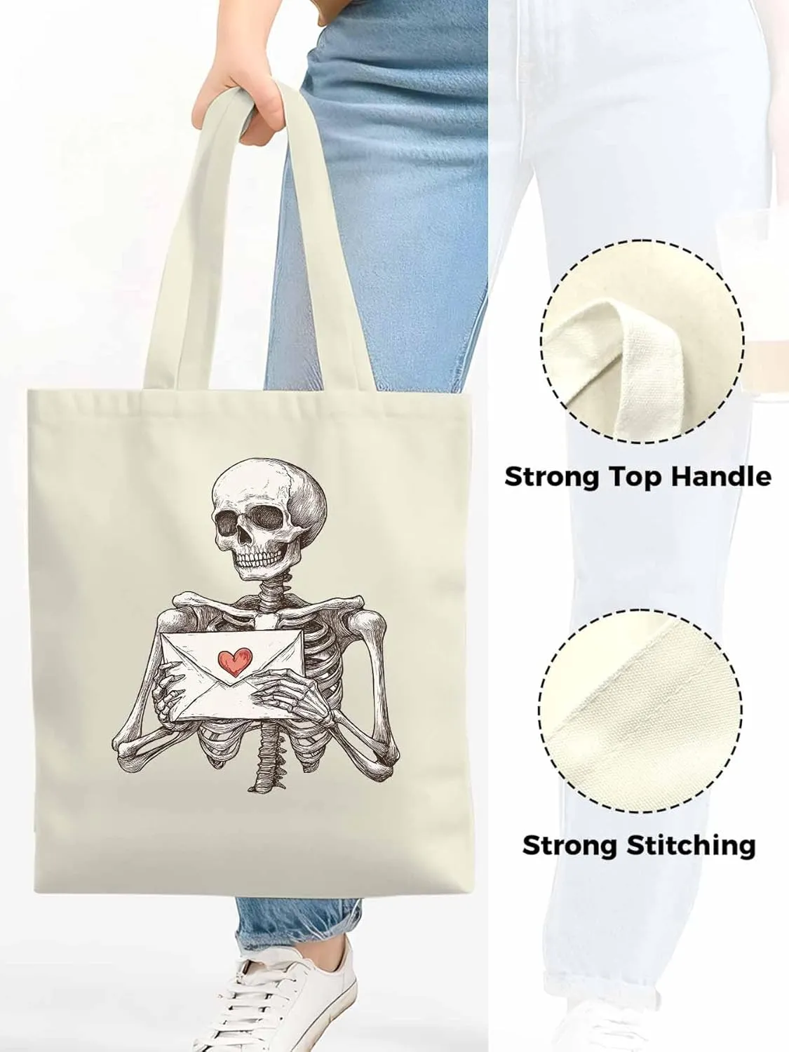 Canvas Tote Bag, Valentine's Skeleton Romantic Love Heart Aesthetic Canvas Tote Handbags for Women Shoulder Bag