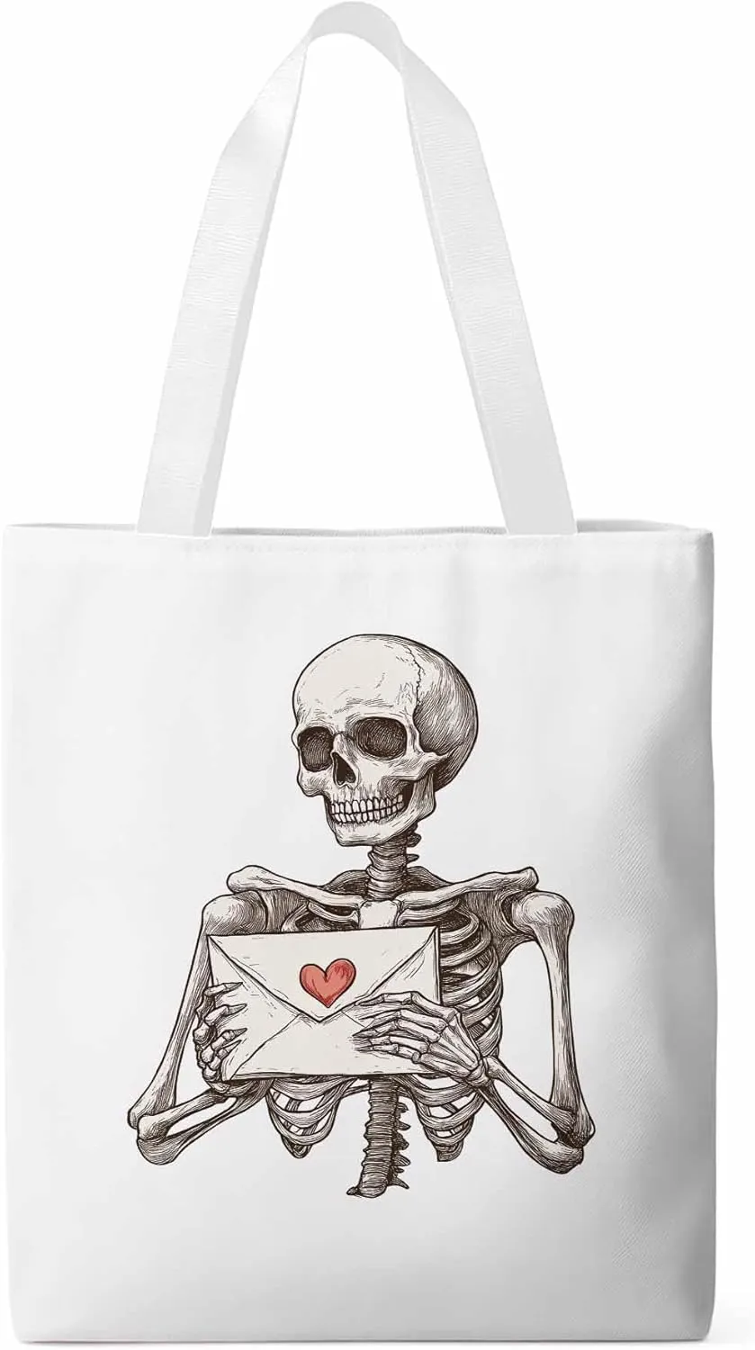 Canvas Tote Bag, Valentine's Skeleton Romantic Love Heart Aesthetic Canvas Tote Handbags for Women Shoulder Bag