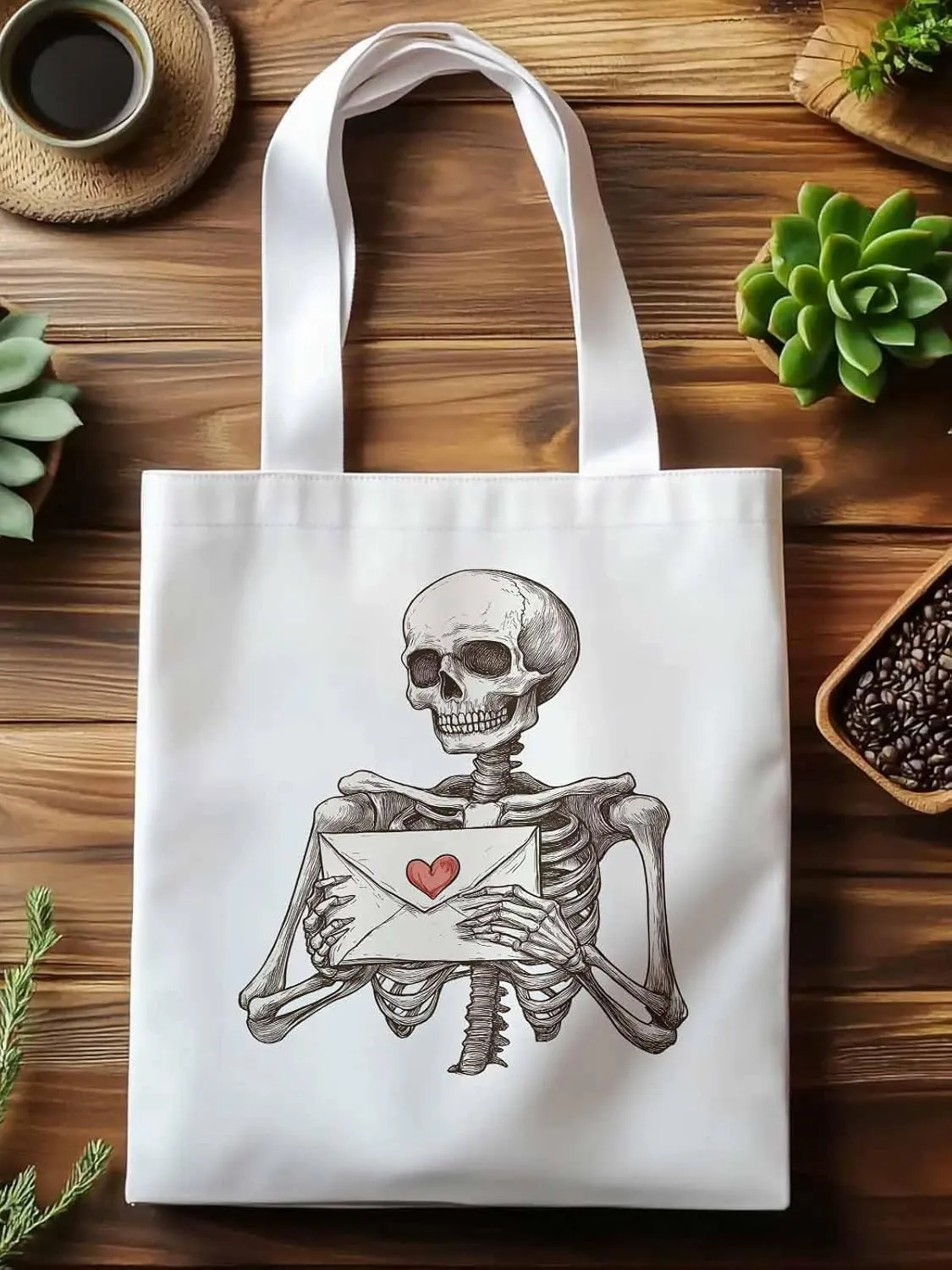 Canvas Tote Bag, Valentine's Skeleton Romantic Love Heart Aesthetic Canvas Tote Handbags for Women Shoulder Bag