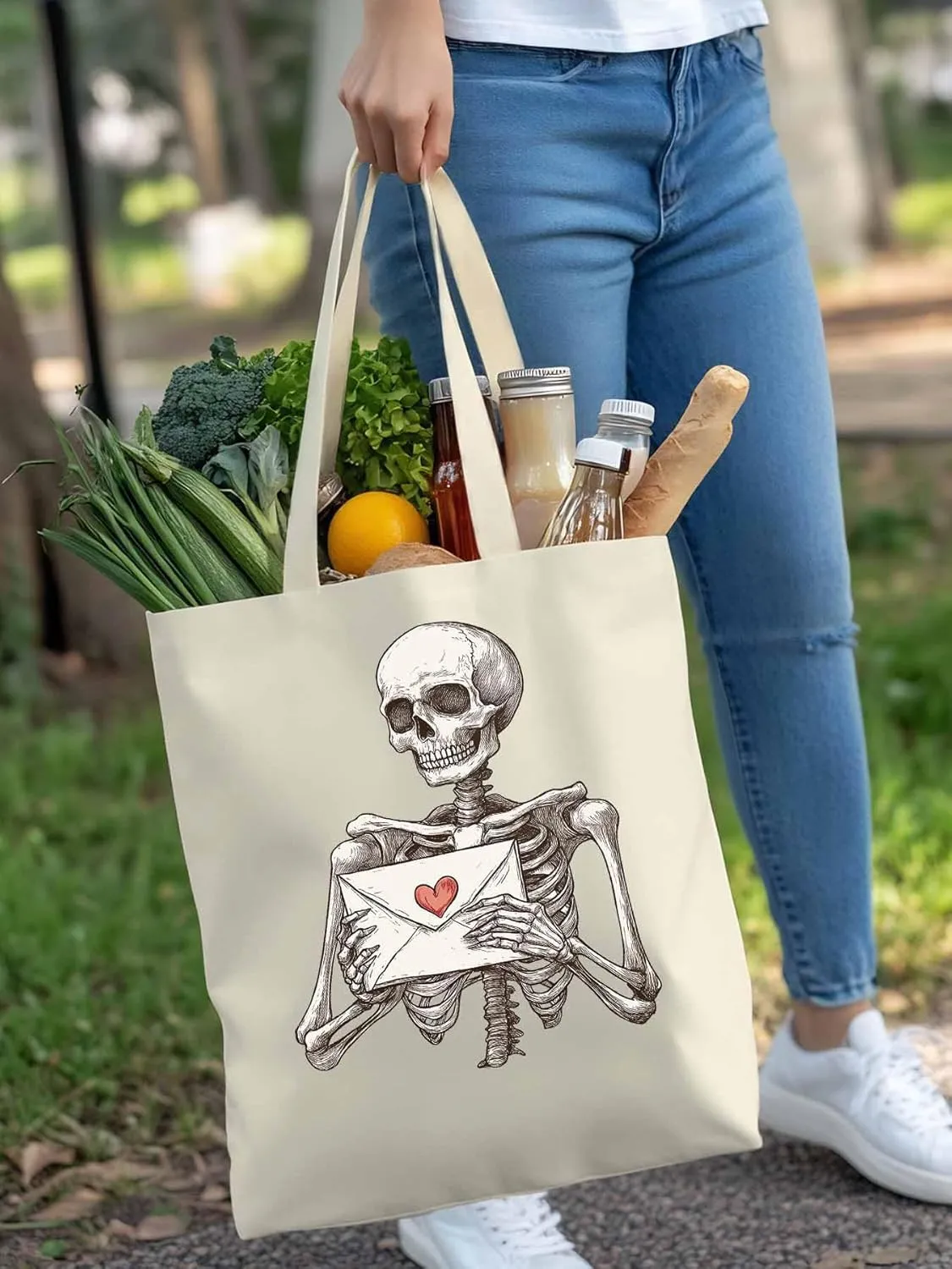 Canvas Tote Bag, Valentine's Skeleton Romantic Love Heart Aesthetic Canvas Tote Handbags for Women Shoulder Bag