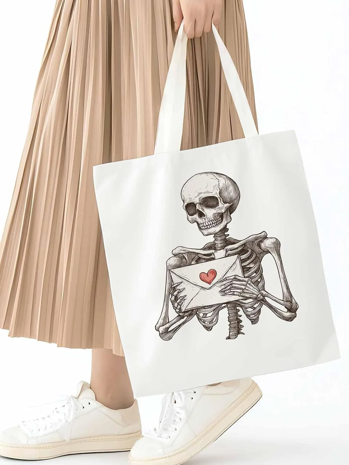 Canvas Tote Bag, Valentine's Skeleton Romantic Love Heart Aesthetic Canvas Tote Handbags for Women Shoulder Bag