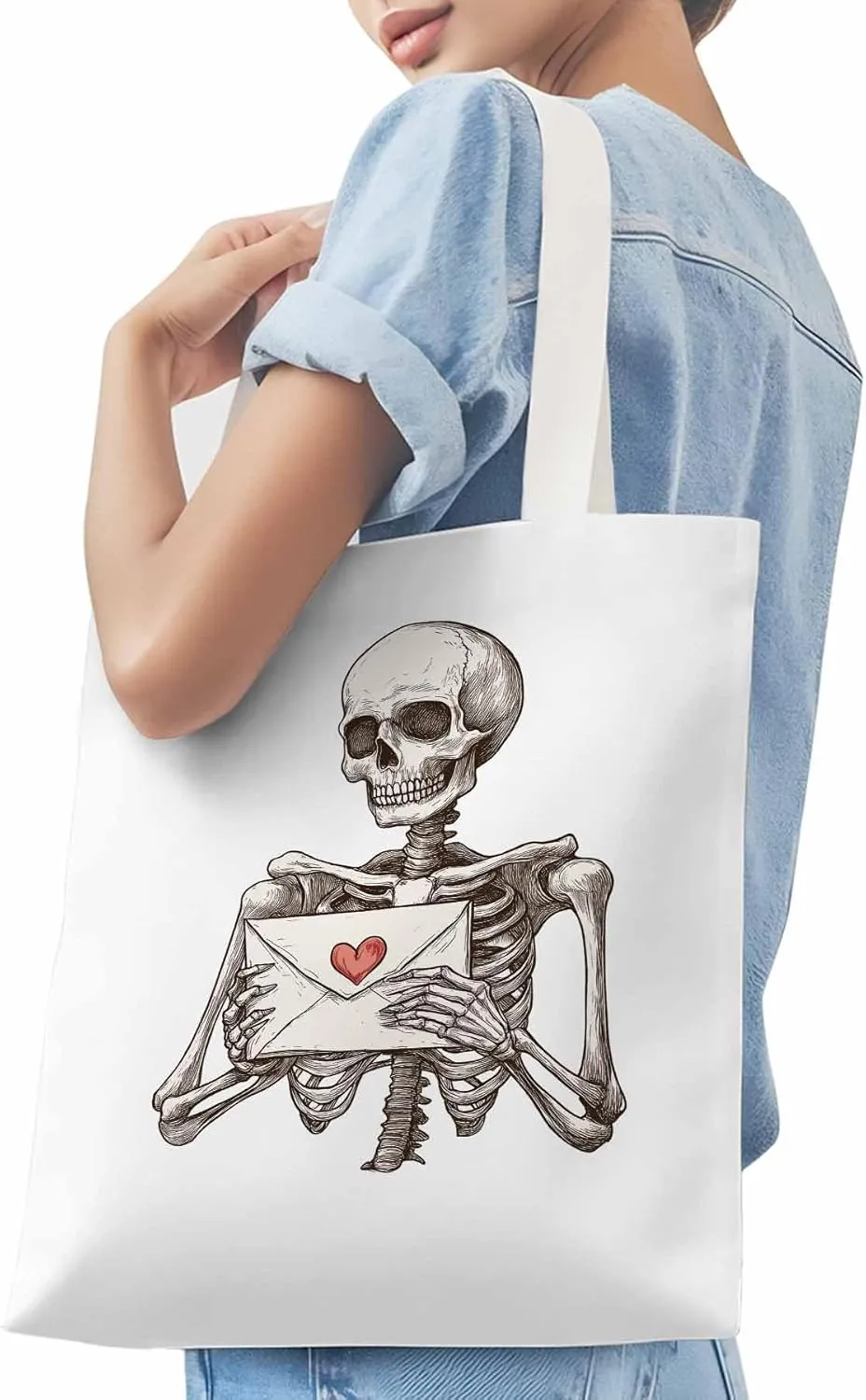 Canvas Tote Bag, Valentine's Skeleton Romantic Love Heart Aesthetic Canvas Tote Handbags for Women Shoulder Bag