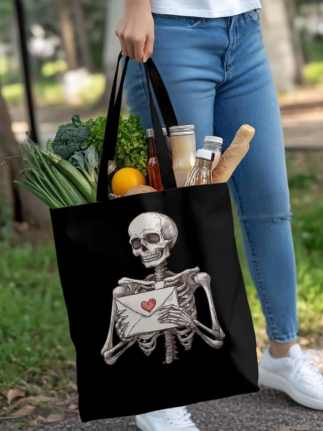 Canvas Tote Bag, Valentine's Skeleton Romantic Love Heart Aesthetic Canvas Tote Handbags for Women Shoulder Bag