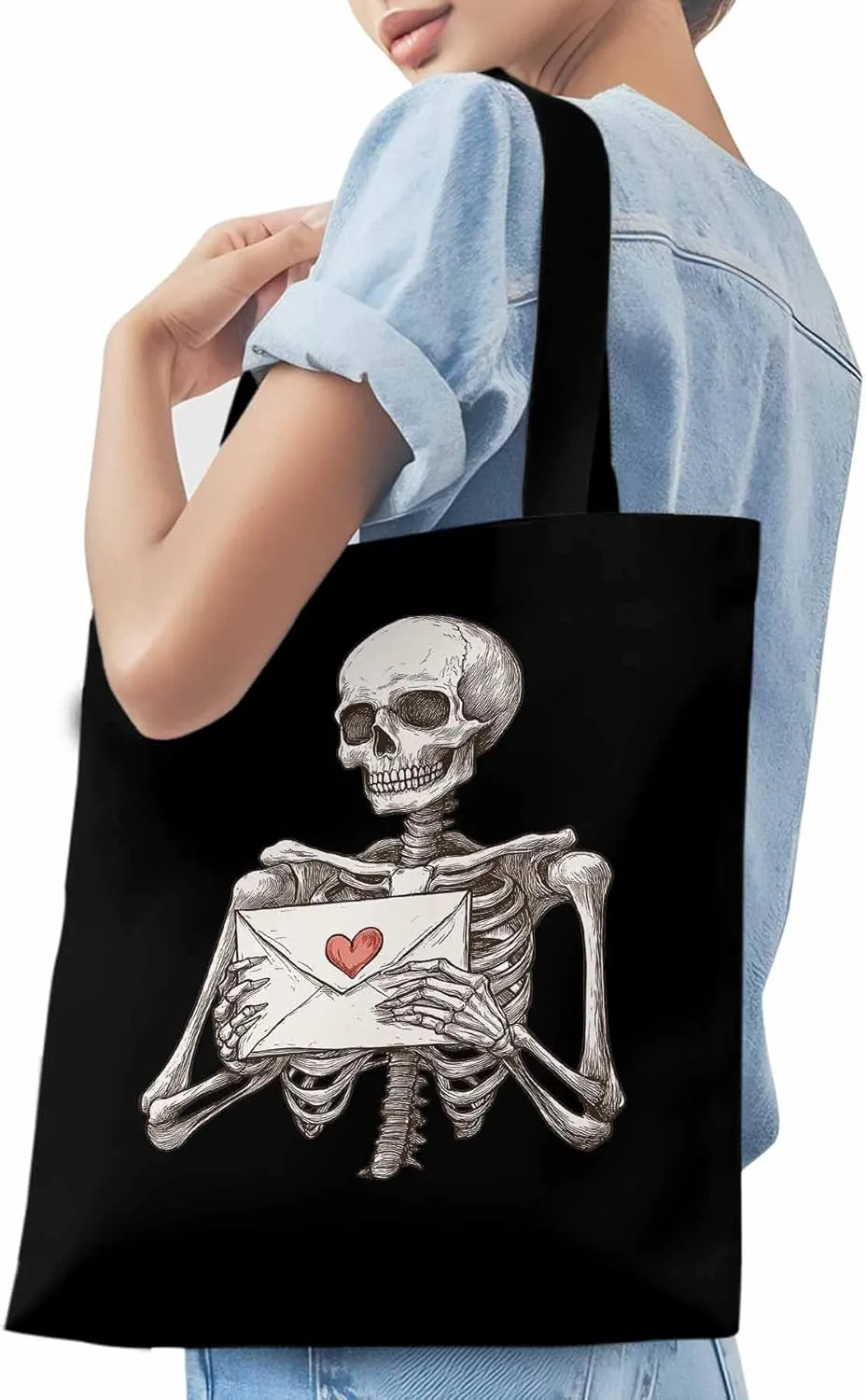Canvas Tote Bag, Valentine's Skeleton Romantic Love Heart Aesthetic Canvas Tote Handbags for Women Shoulder Bag