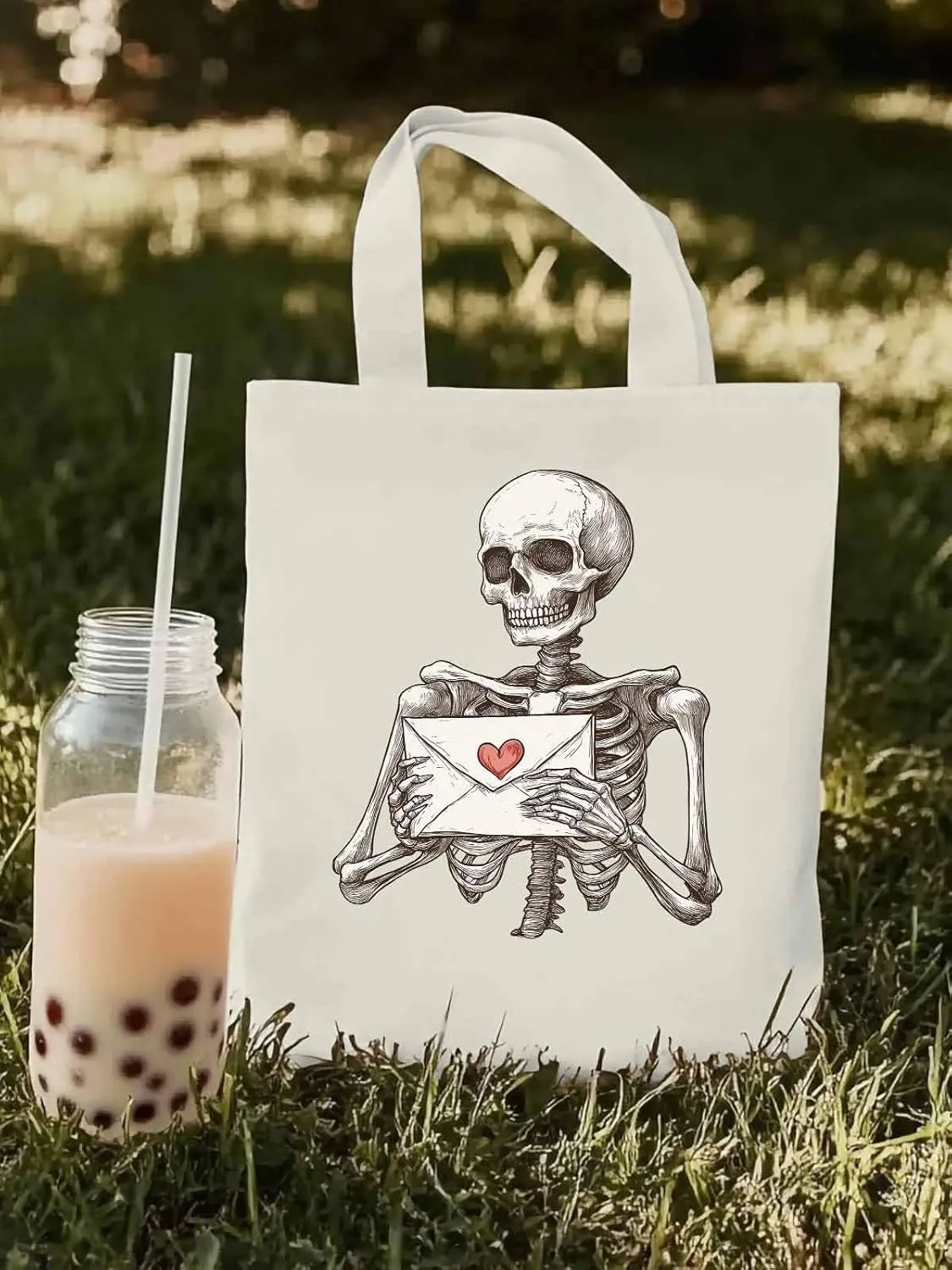 Canvas Tote Bag, Valentine's Skeleton Romantic Love Heart Aesthetic Canvas Tote Handbags for Women Shoulder Bag