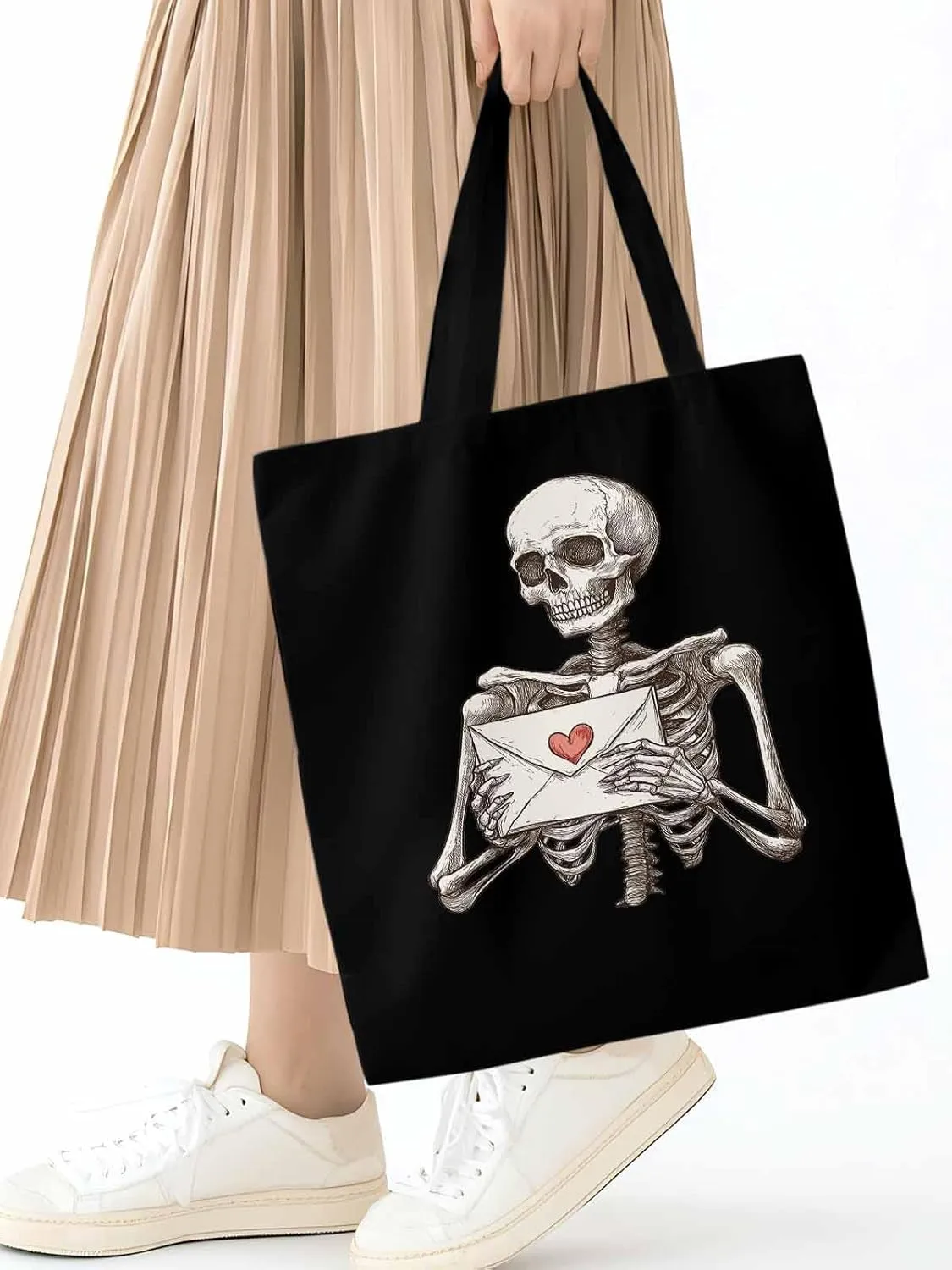 Canvas Tote Bag, Valentine's Skeleton Romantic Love Heart Aesthetic Canvas Tote Handbags for Women Shoulder Bag
