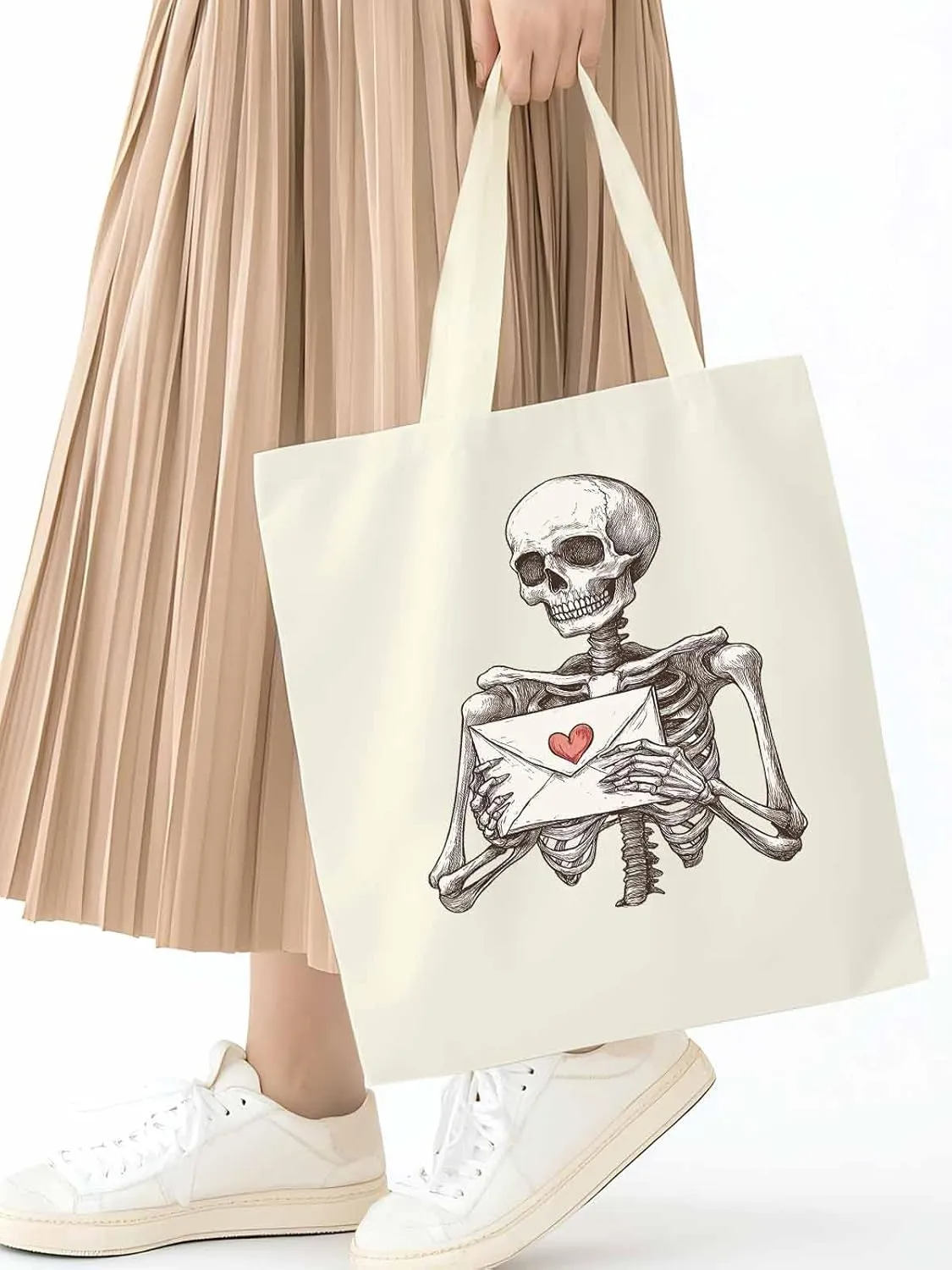 Canvas Tote Bag, Valentine's Skeleton Romantic Love Heart Aesthetic Canvas Tote Handbags for Women Shoulder Bag