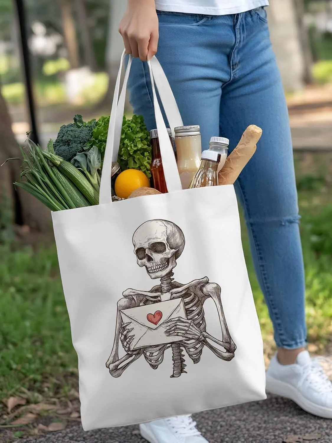 Canvas Tote Bag, Valentine's Skeleton Romantic Love Heart Aesthetic Canvas Tote Handbags for Women Shoulder Bag