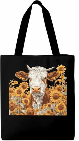 Canvas Tote Bag, Vintage Cow Sunflower Aesthetic Canvas Tote Handbags for Women Shoulder Bag