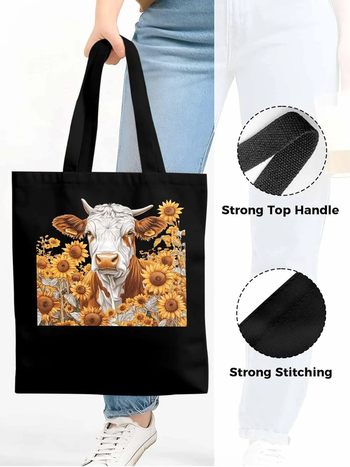Canvas Tote Bag, Vintage Cow Sunflower Aesthetic Canvas Tote Handbags for Women Shoulder Bag