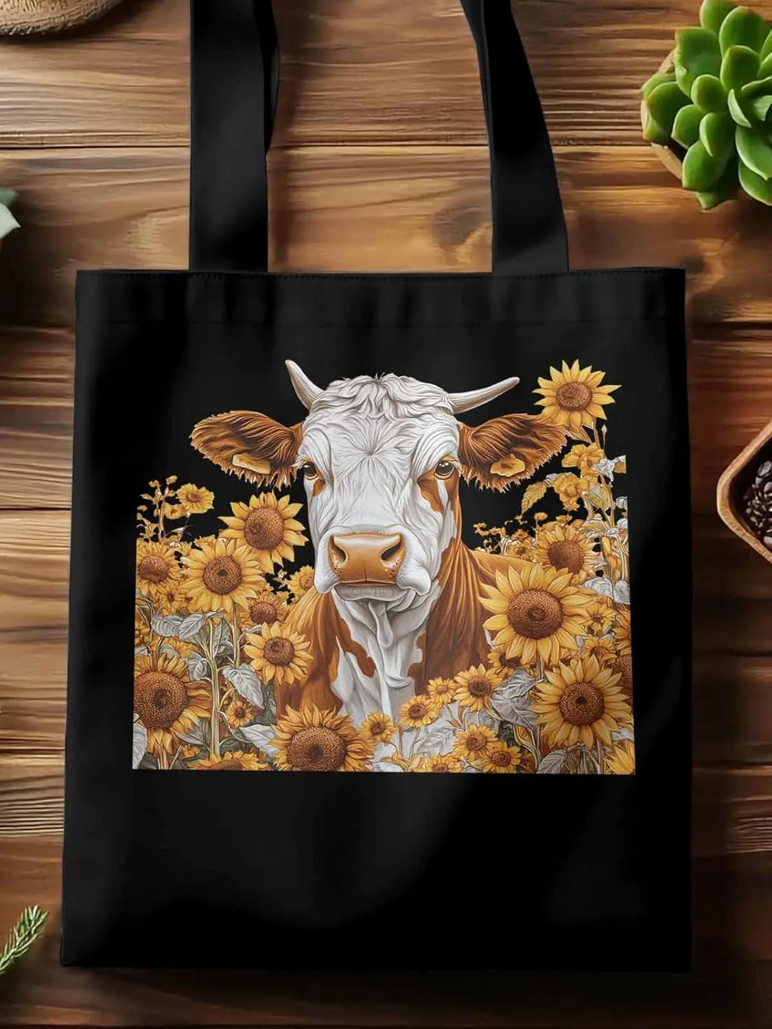 Canvas Tote Bag, Vintage Cow Sunflower Aesthetic Canvas Tote Handbags for Women Shoulder Bag