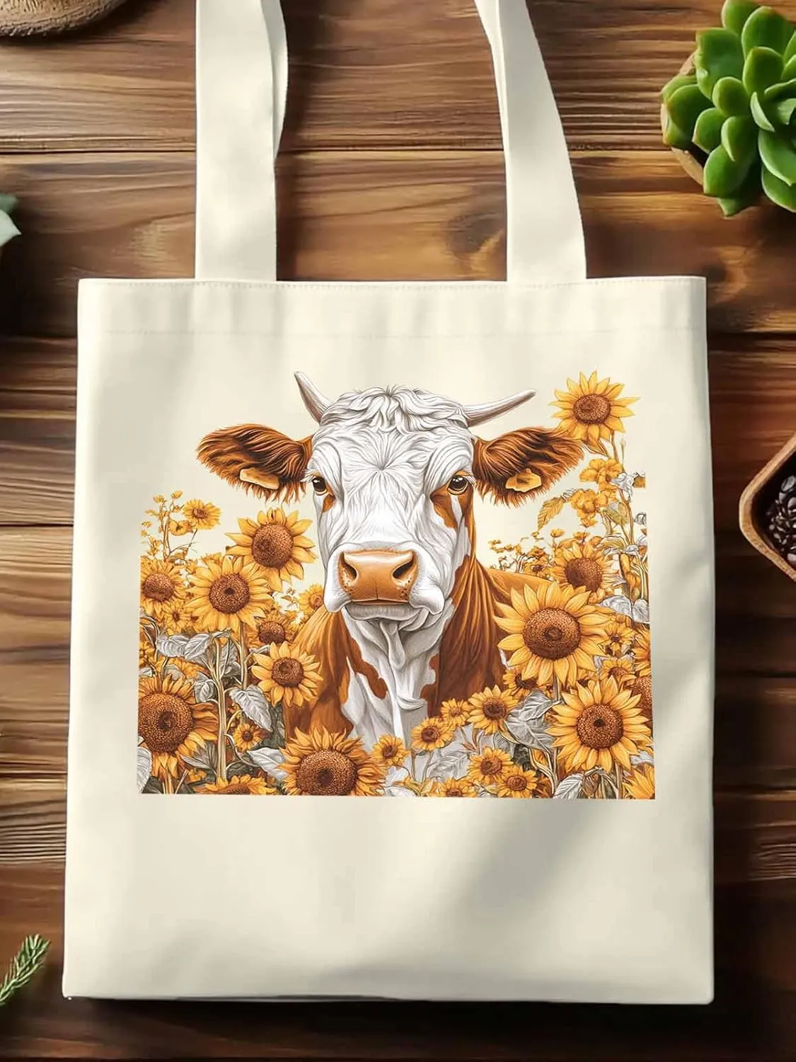 Canvas Tote Bag, Vintage Cow Sunflower Aesthetic Canvas Tote Handbags for Women Shoulder Bag