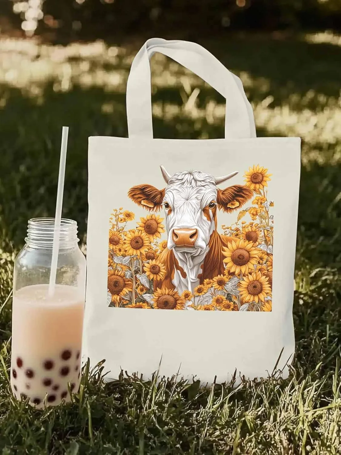 Canvas Tote Bag, Vintage Cow Sunflower Aesthetic Canvas Tote Handbags for Women Shoulder Bag