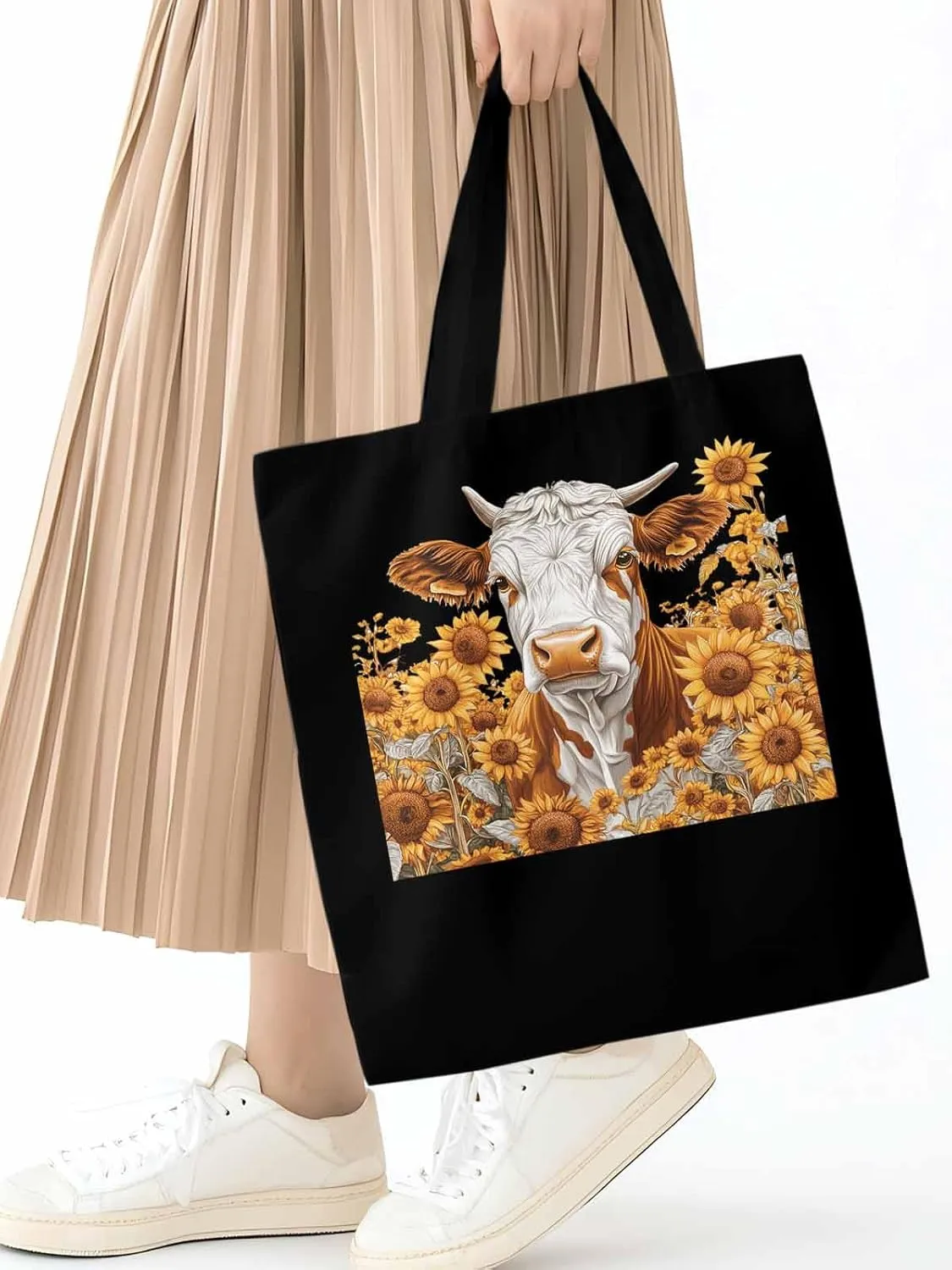 Canvas Tote Bag, Vintage Cow Sunflower Aesthetic Canvas Tote Handbags for Women Shoulder Bag