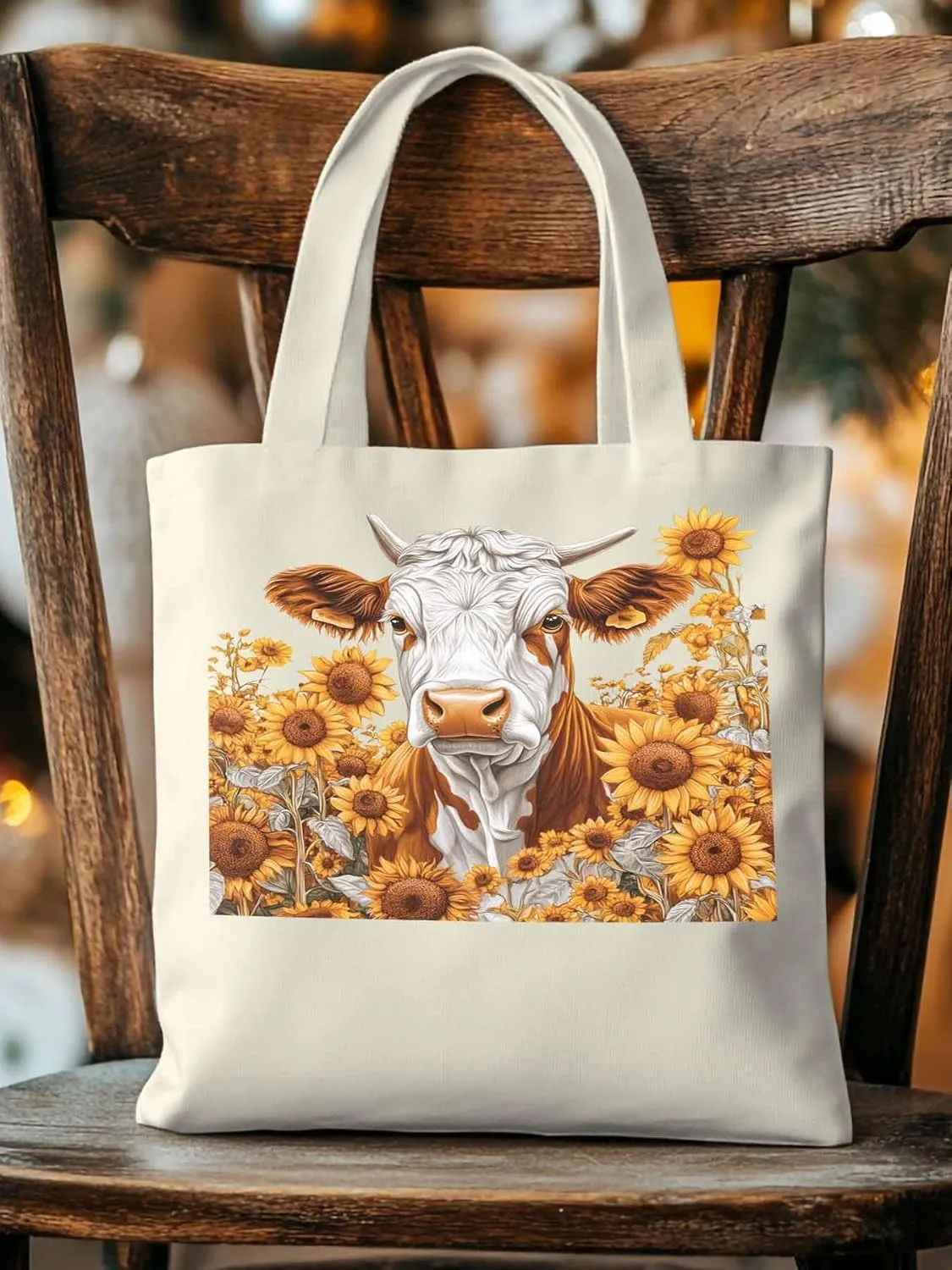 Canvas Tote Bag, Vintage Cow Sunflower Aesthetic Canvas Tote Handbags for Women Shoulder Bag