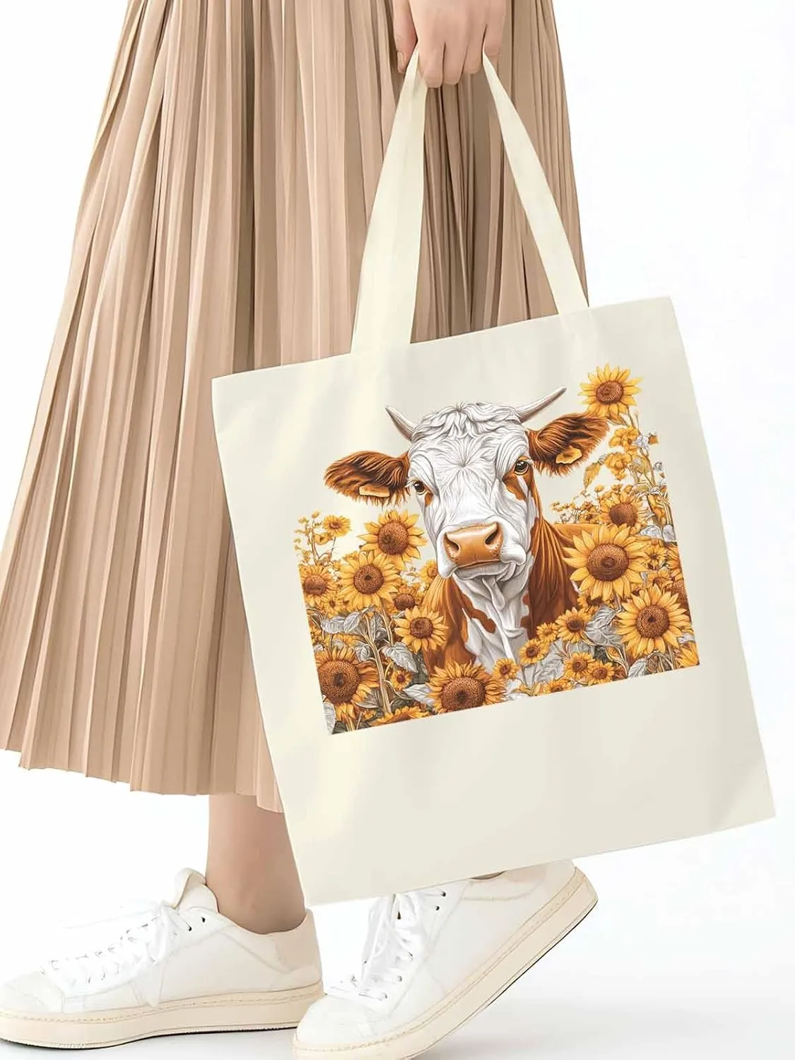 Canvas Tote Bag, Vintage Cow Sunflower Aesthetic Canvas Tote Handbags for Women Shoulder Bag