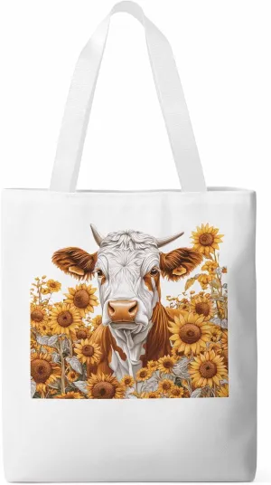 Canvas Tote Bag, Vintage Cow Sunflower Aesthetic Canvas Tote Handbags for Women Shoulder Bag