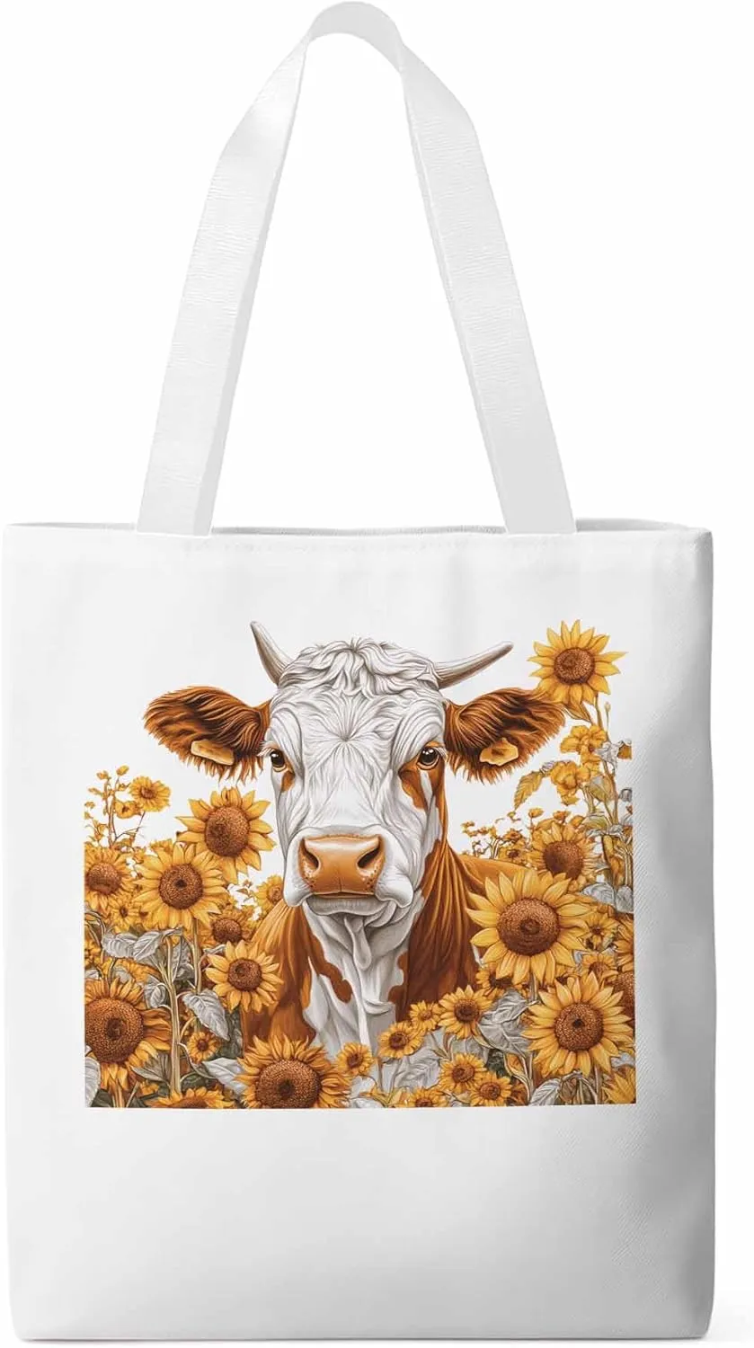 Canvas Tote Bag, Vintage Cow Sunflower Aesthetic Canvas Tote Handbags for Women Shoulder Bag