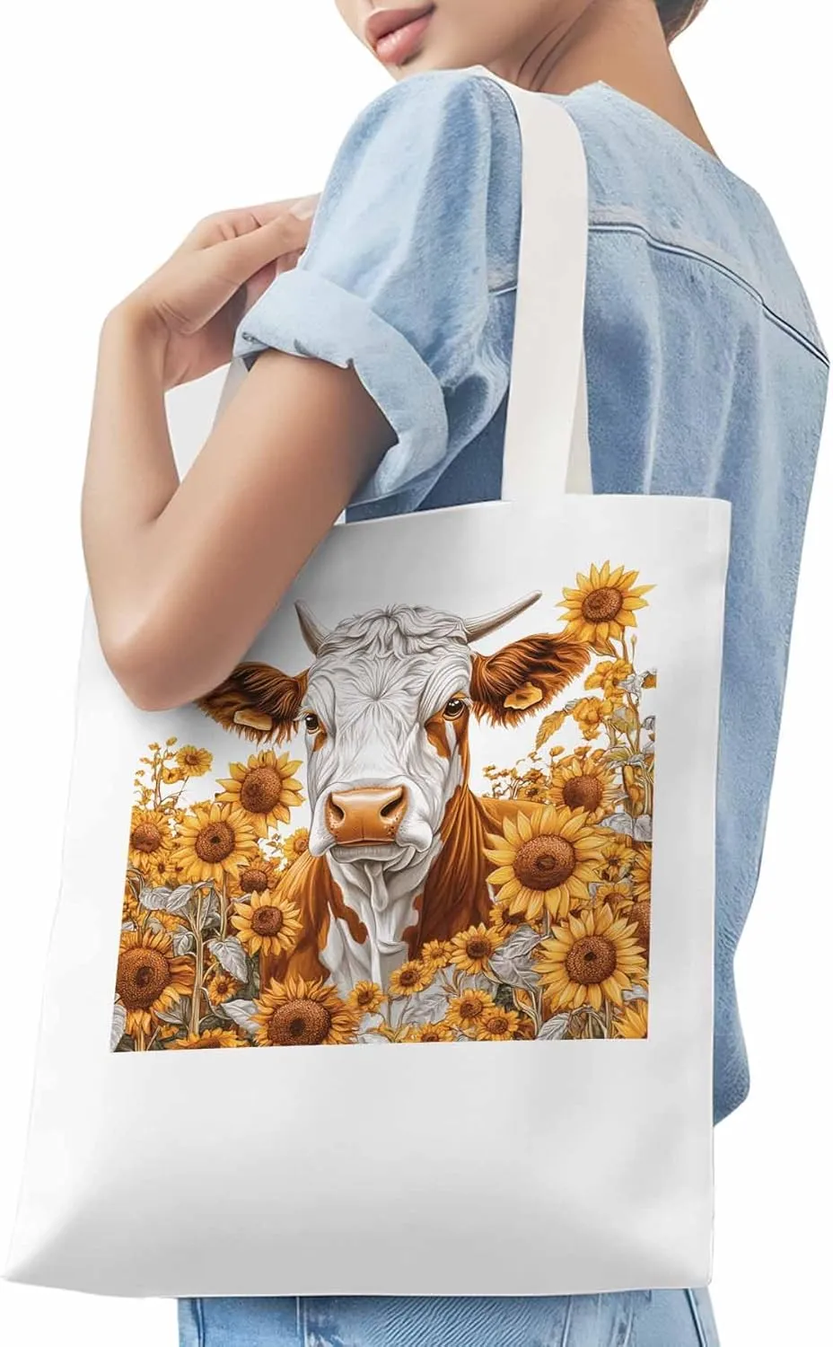 Canvas Tote Bag, Vintage Cow Sunflower Aesthetic Canvas Tote Handbags for Women Shoulder Bag