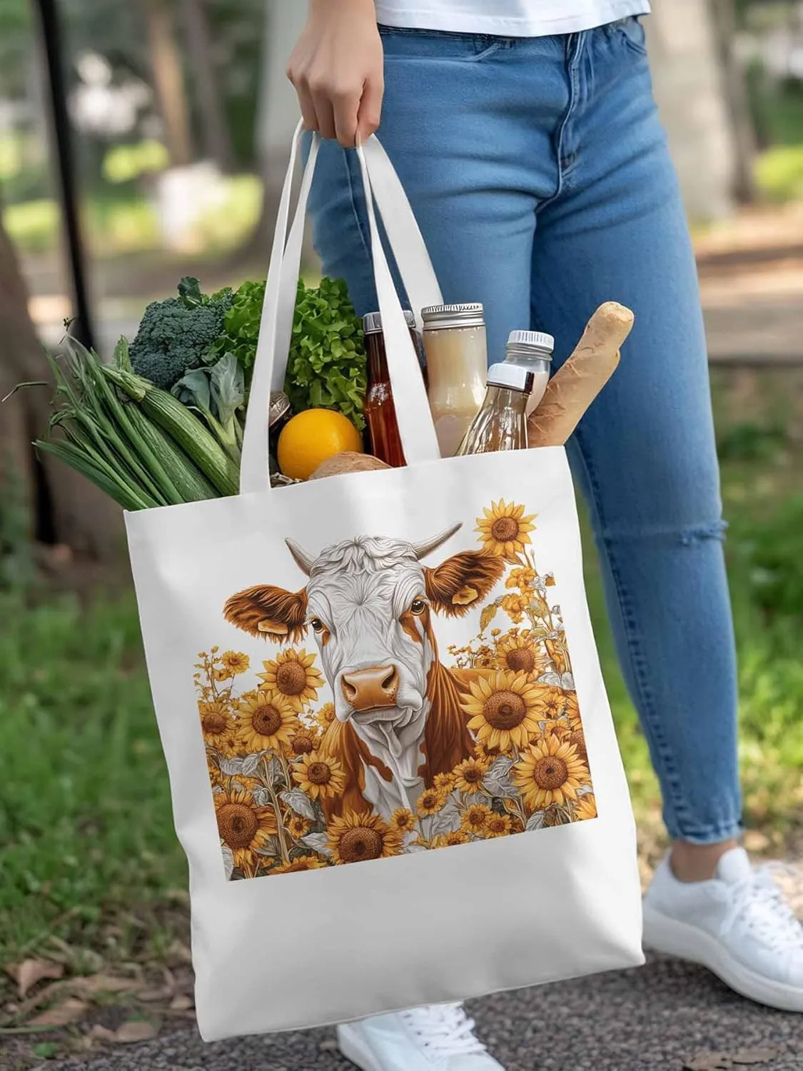 Canvas Tote Bag, Vintage Cow Sunflower Aesthetic Canvas Tote Handbags for Women Shoulder Bag