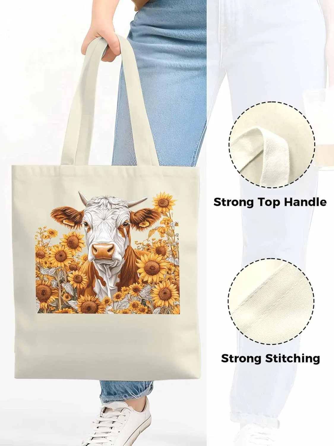 Canvas Tote Bag, Vintage Cow Sunflower Aesthetic Canvas Tote Handbags for Women Shoulder Bag