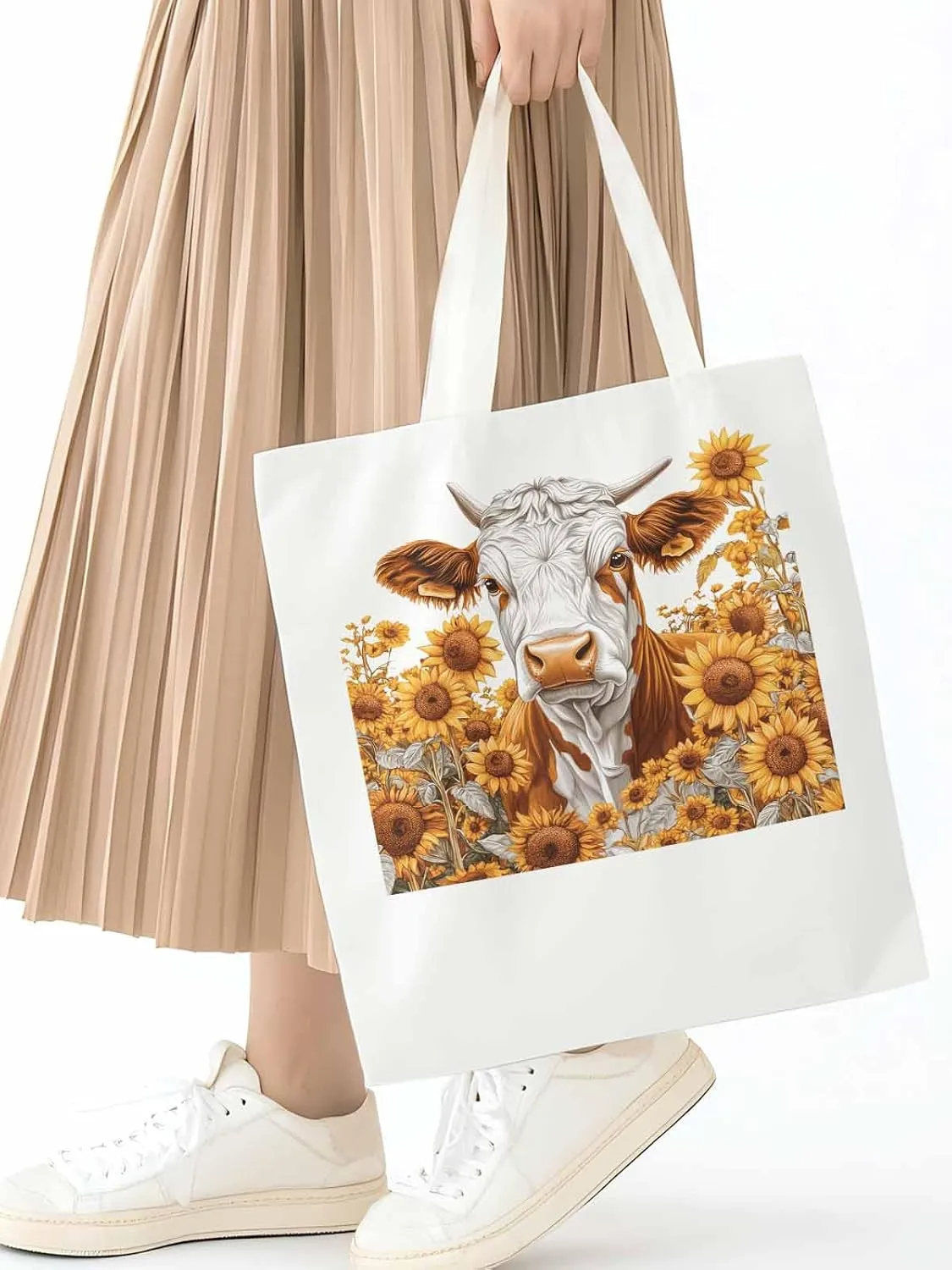 Canvas Tote Bag, Vintage Cow Sunflower Aesthetic Canvas Tote Handbags for Women Shoulder Bag