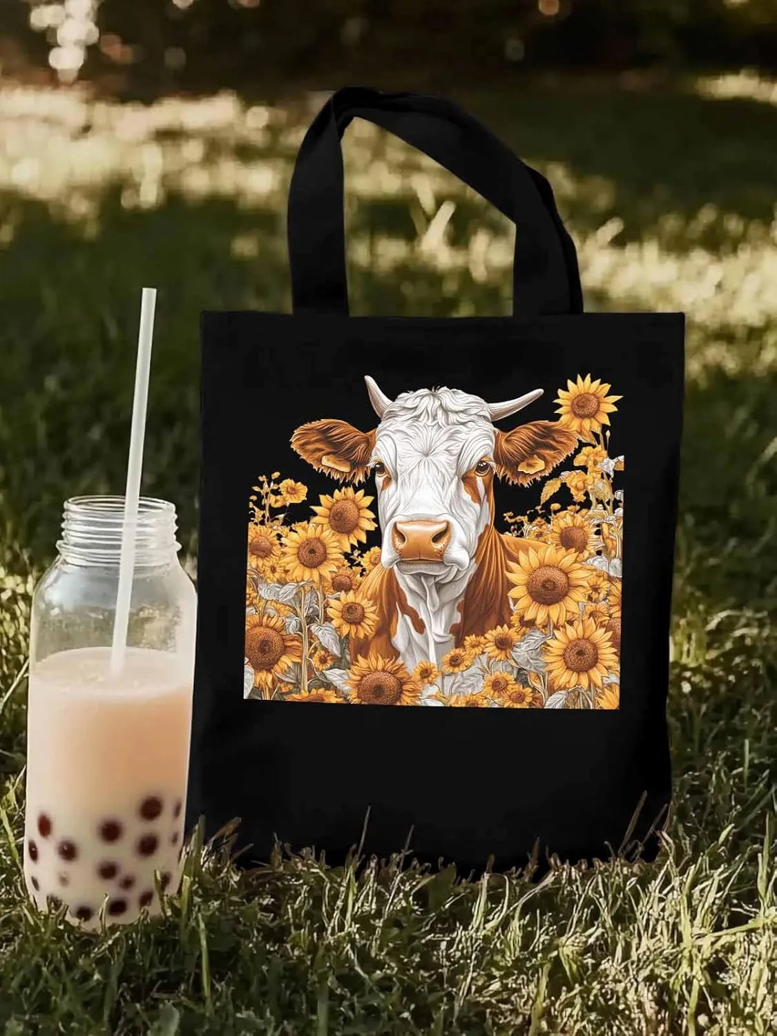 Canvas Tote Bag, Vintage Cow Sunflower Aesthetic Canvas Tote Handbags for Women Shoulder Bag