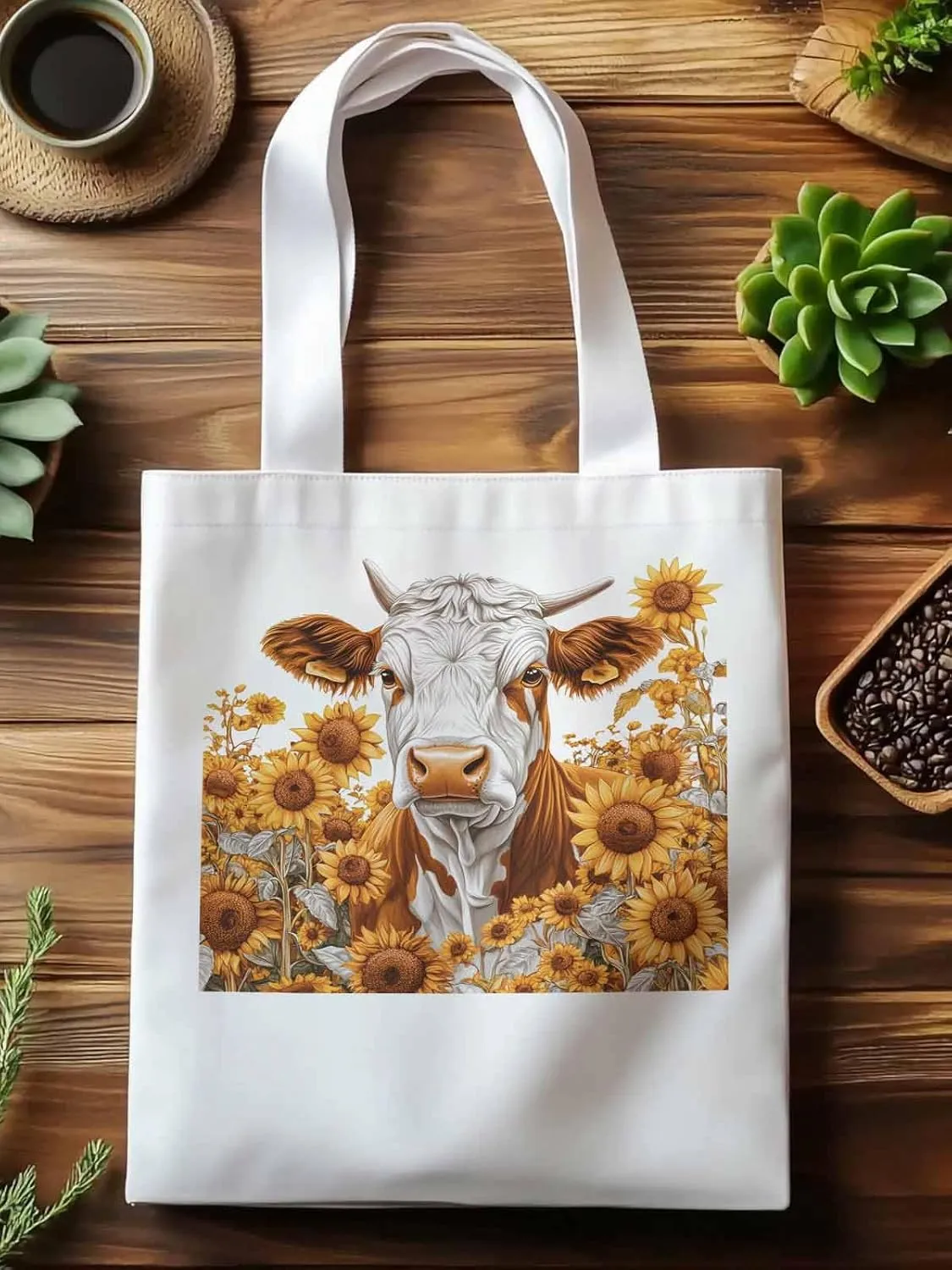 Canvas Tote Bag, Vintage Cow Sunflower Aesthetic Canvas Tote Handbags for Women Shoulder Bag