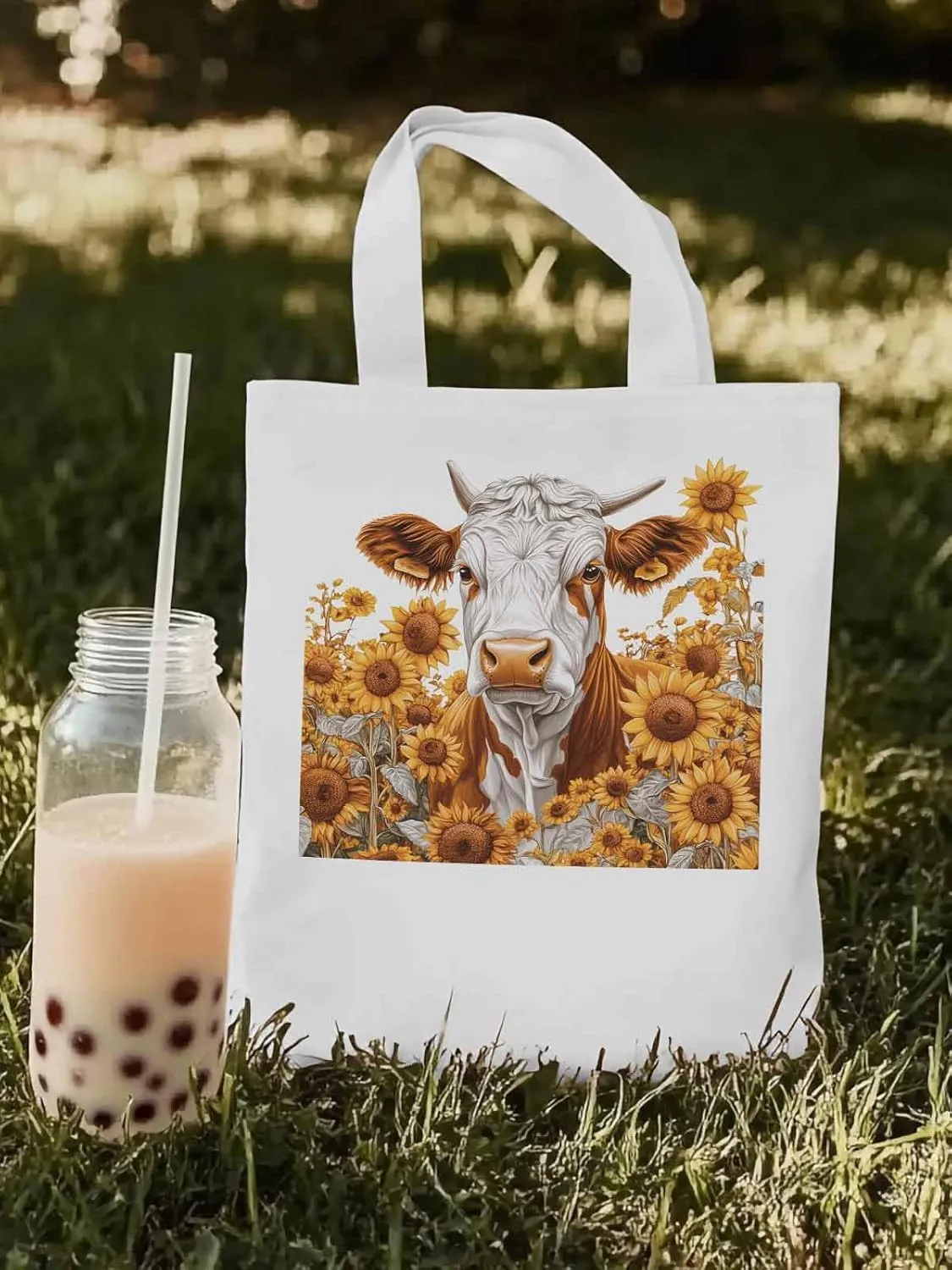 Canvas Tote Bag, Vintage Cow Sunflower Aesthetic Canvas Tote Handbags for Women Shoulder Bag