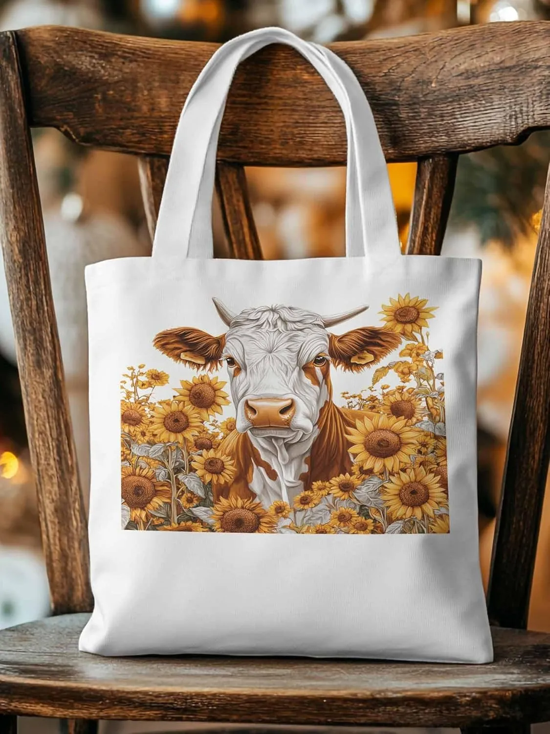 Canvas Tote Bag, Vintage Cow Sunflower Aesthetic Canvas Tote Handbags for Women Shoulder Bag