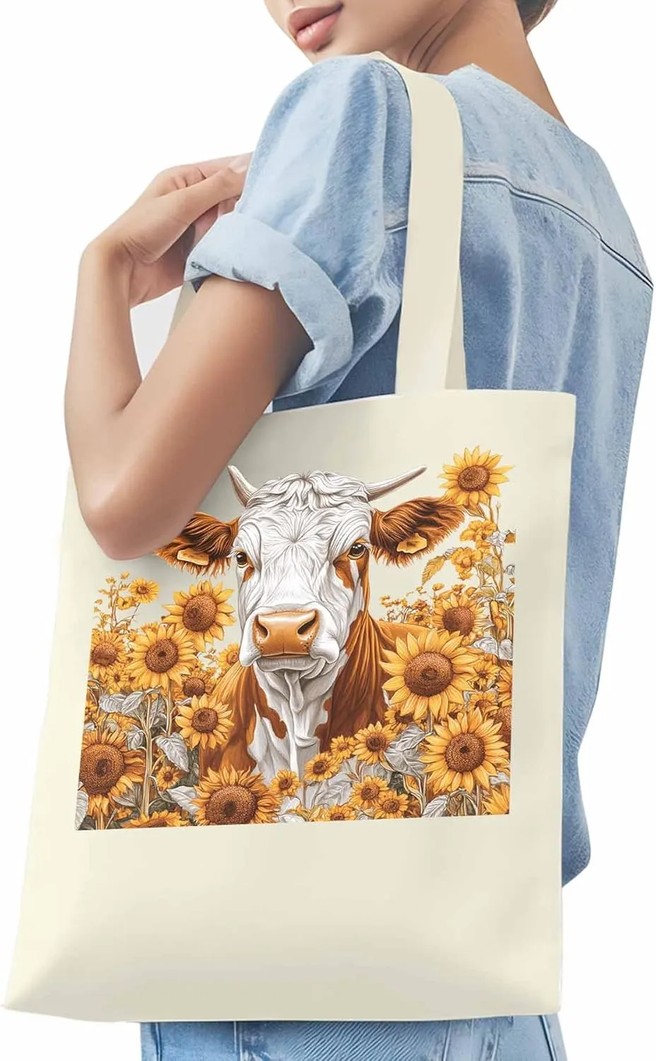 Canvas Tote Bag, Vintage Cow Sunflower Aesthetic Canvas Tote Handbags for Women Shoulder Bag