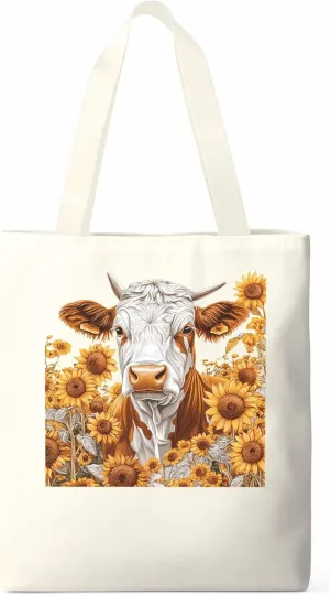 Canvas Tote Bag, Vintage Cow Sunflower Aesthetic Canvas Tote Handbags for Women Shoulder Bag