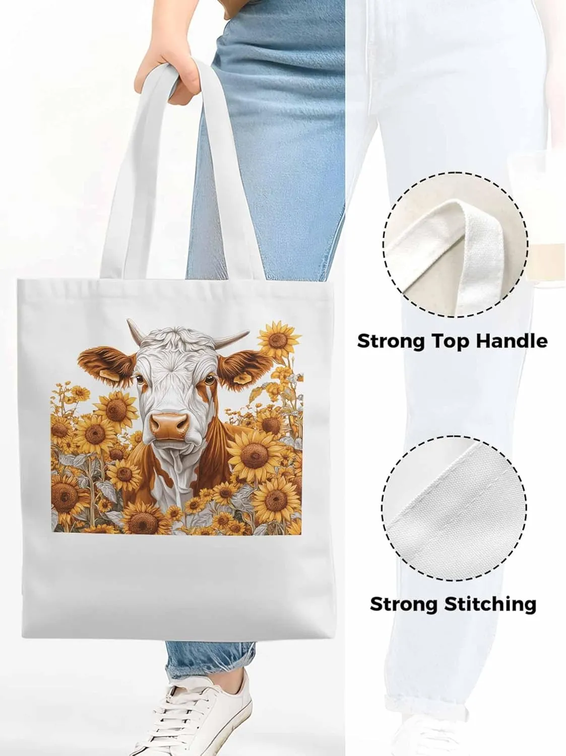 Canvas Tote Bag, Vintage Cow Sunflower Aesthetic Canvas Tote Handbags for Women Shoulder Bag